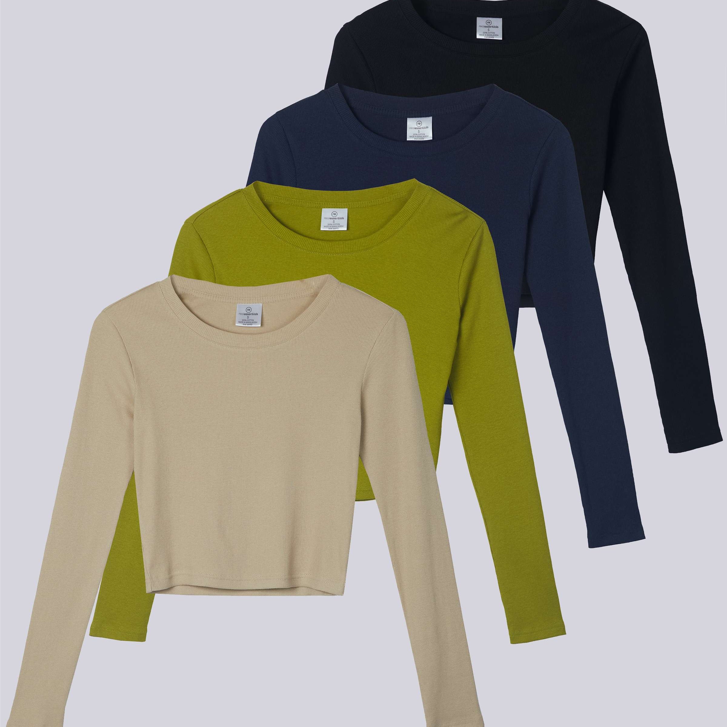 4 Pack: Women's Long Sleeve Ribbed Knit Crop Top (Available in Plus Size)