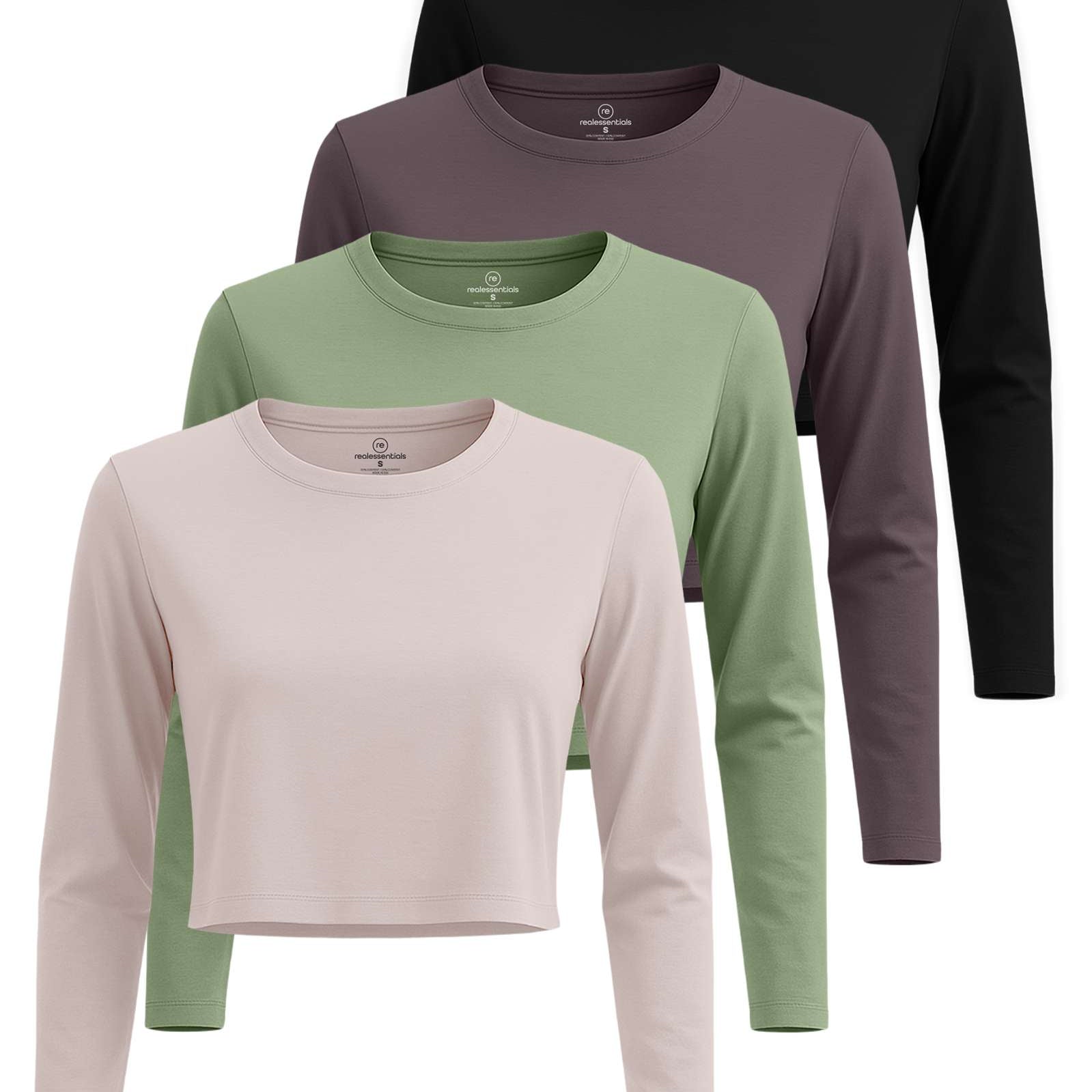 4 Pack: Women's Long Sleeve Crew Crop Top ( Available in Plus Size)