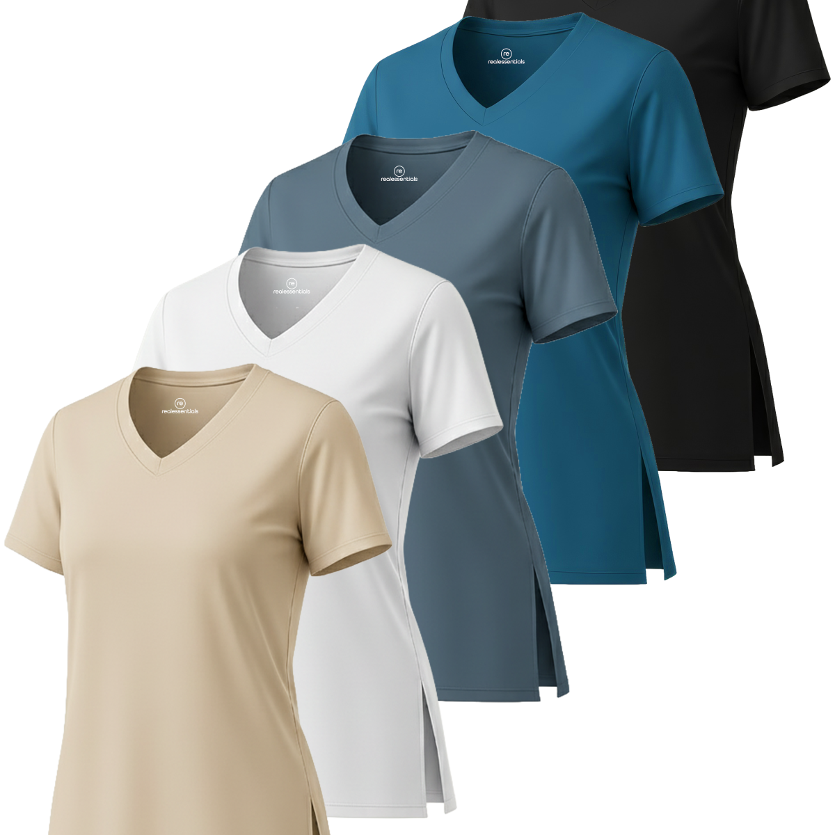 Real Essentials 5 Pack: Women's Short Sleeve Split Hem V-Neck T-Shirts, Athletic Tops, Gym, Workout, Yoga, Activewear (Plus)