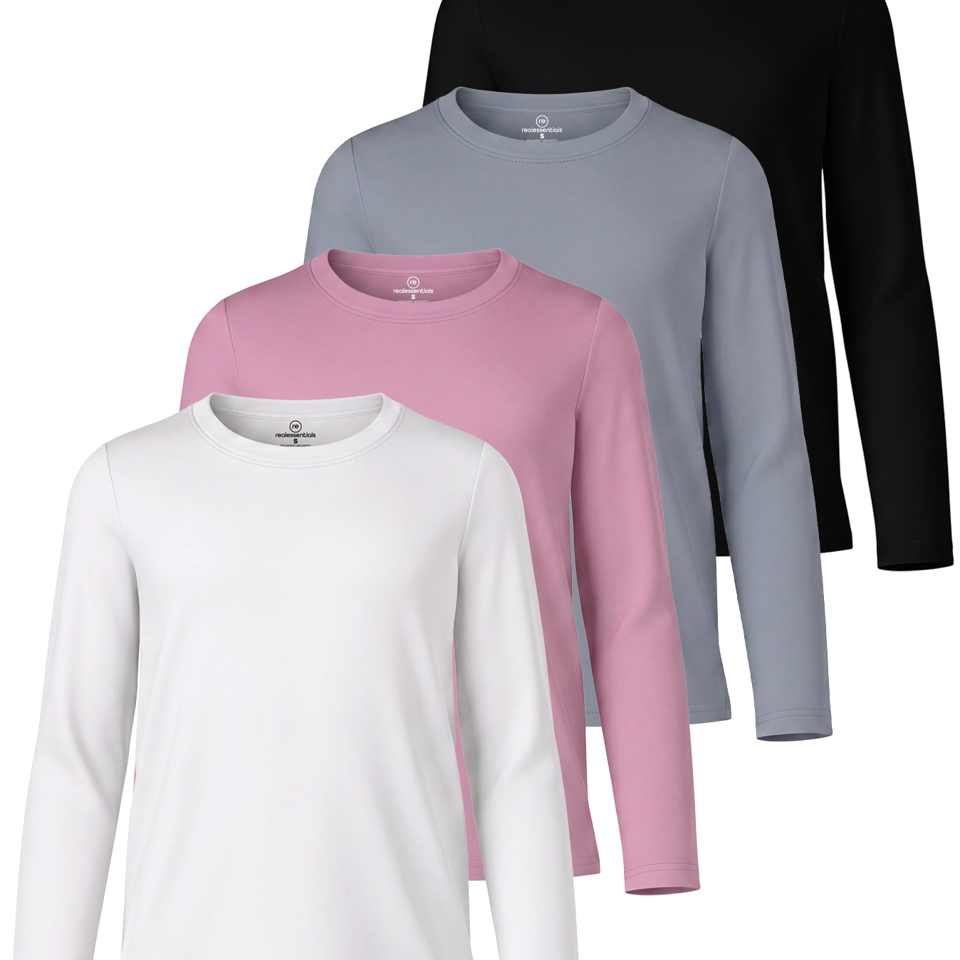 4 Pack: Girls Dry-Fit Long Sleeve Active Crew Neck T-Shirt
