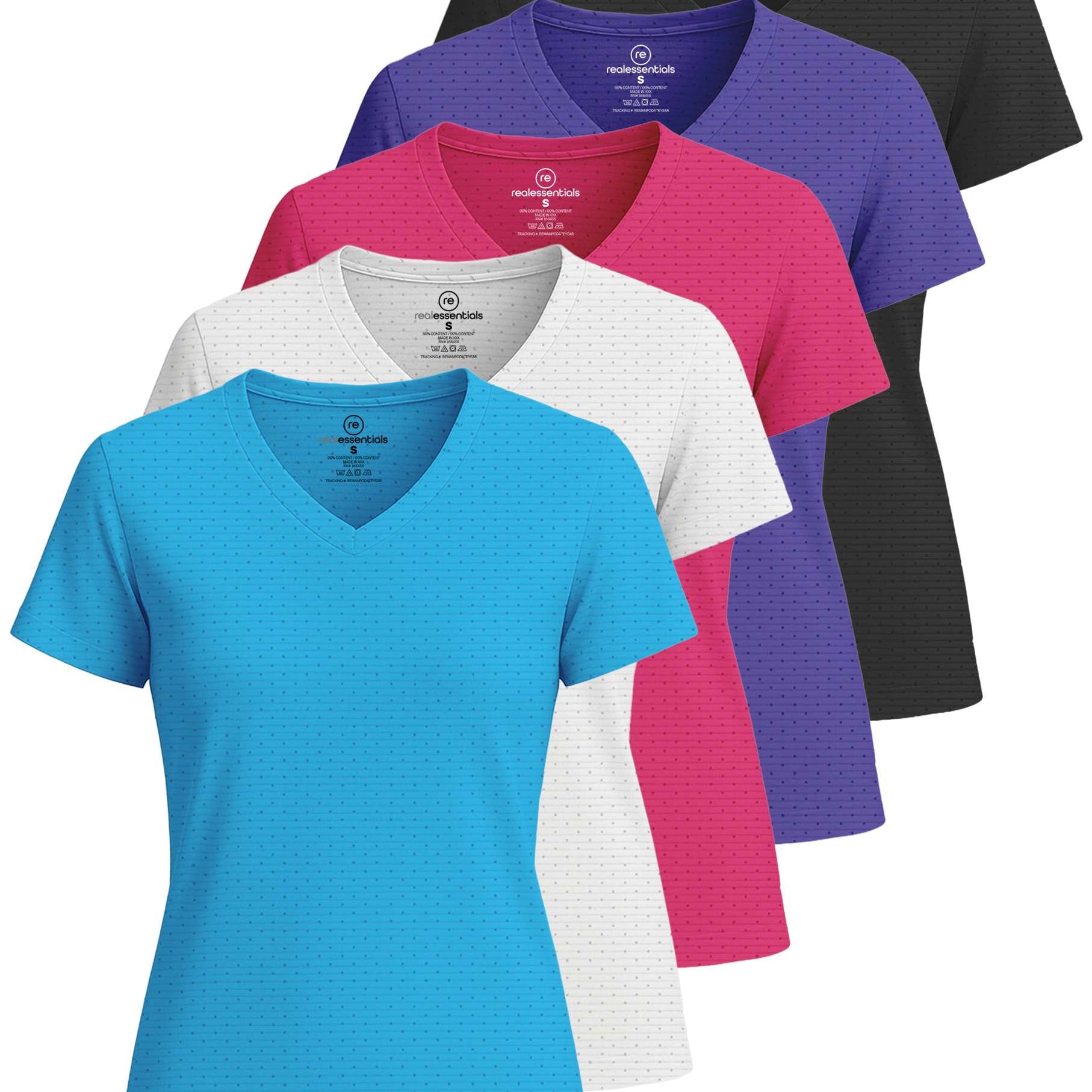 Real Essentials 5 Pack: Women's Short Sleeve Breeze Tech V-Neck T Shirt –Workout Top Wicking Dry Fit Athletic Tee (Plus)