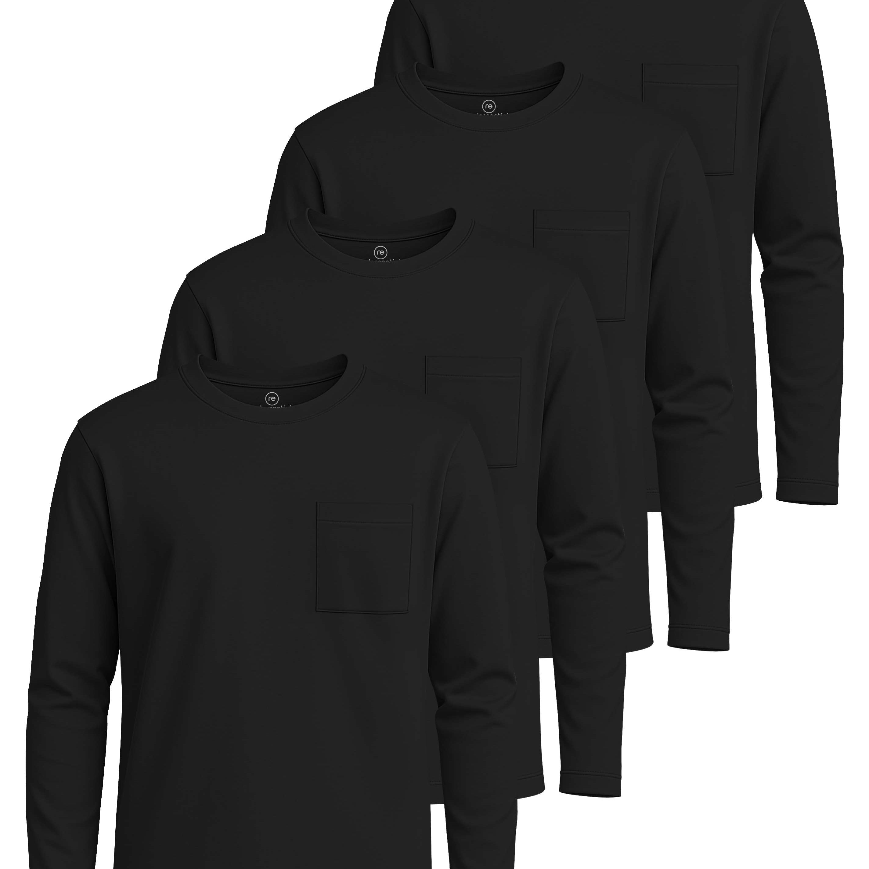 Real Essentials 4 Pack: Boys' Cotton Jersey Long Sleeve T-Shirt with Pocket - Kids Teens Youth Crew Neck Tee Top (Ages 4-16)