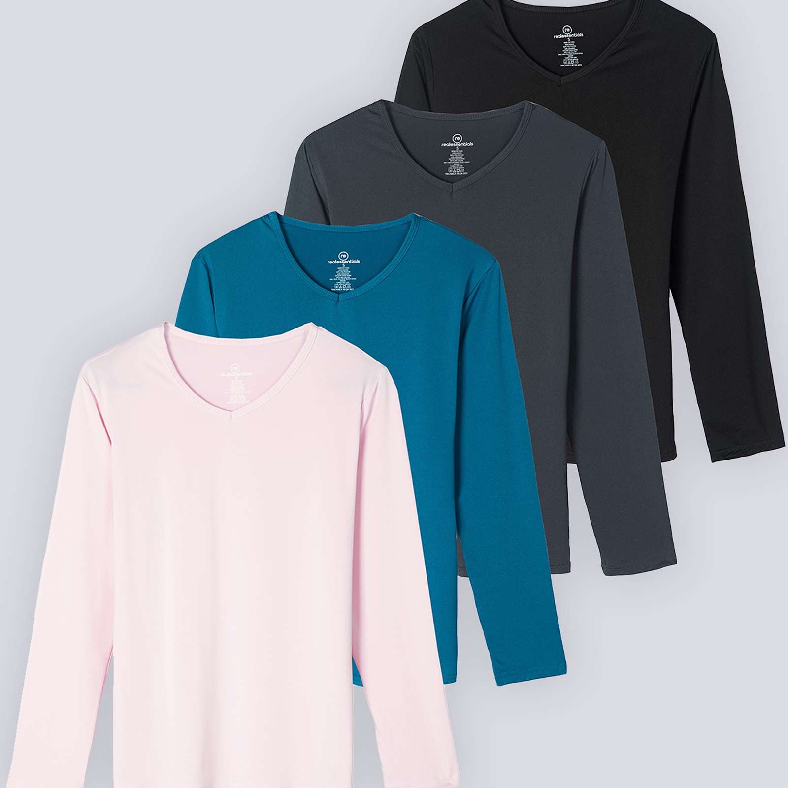 4 Pack: Women's Dry-Fit Long-Sleeve V-Neck Athletic Workout Shirt (Available in Plus Size)