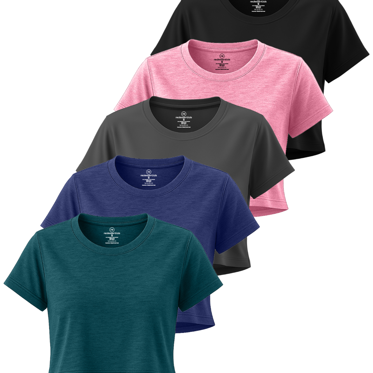 Real Essentials 5 Pack Women's Dry Fit Crop Top Workout T Shirts Short Sleeve Athletic Gym - Set 4