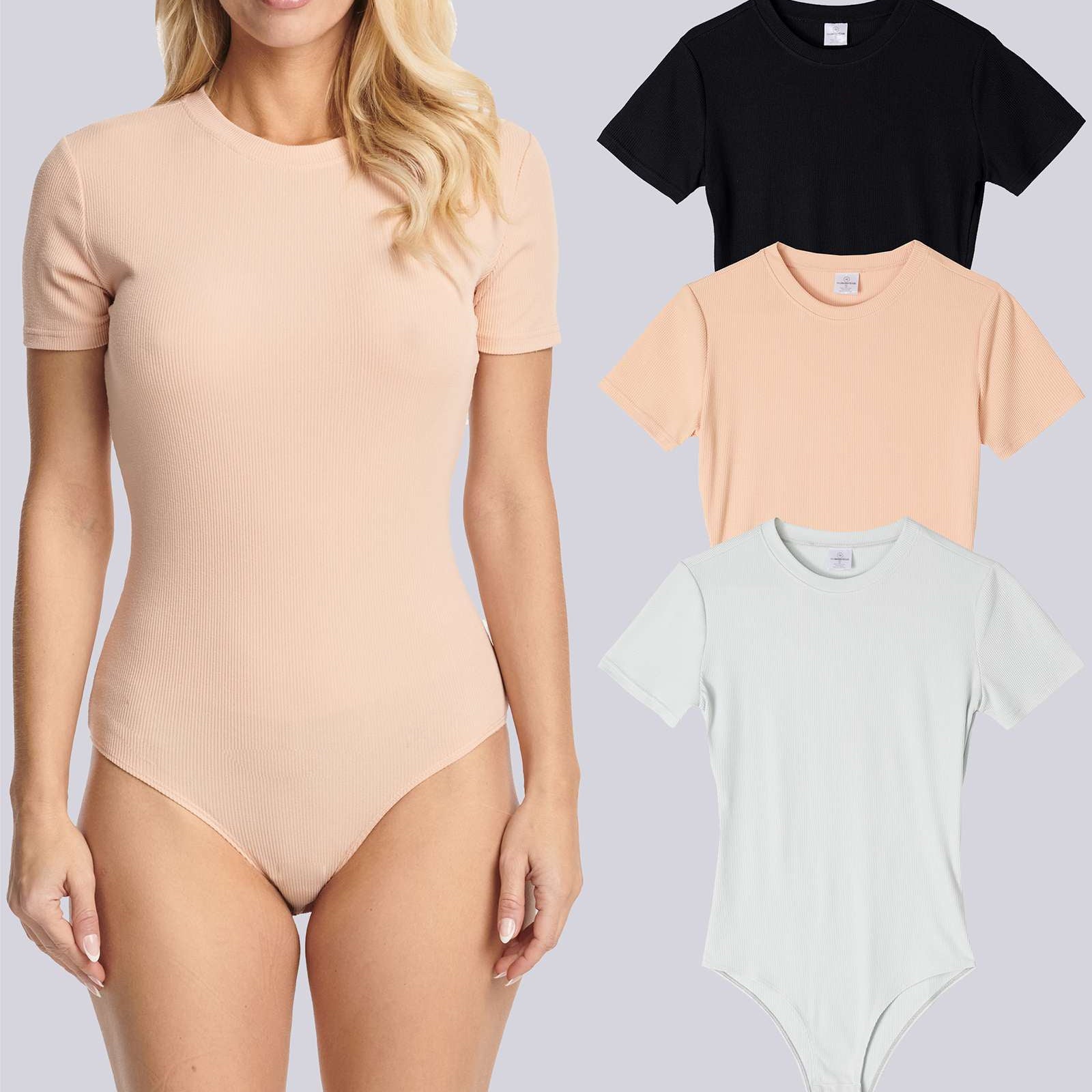 3 Pack: Women's Round Neck Short Sleeve Ribbed Shapewear Bodysuit Shirt Tops (Available in Plus Size)