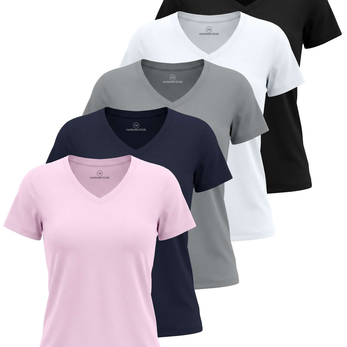 Real Essentials 5 Pack Women's V Neck Tshirts Short Sleeve Dry Fit Workout Tops Tees Shirts - Solid Black, Solid Bright White, Solid Ultimate Grey, Navy Blazer, Solid Festival Bloom