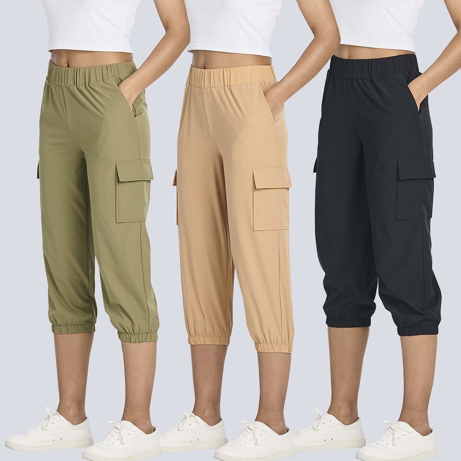 3 Pack: Women's Woven Cargo Capri Jogger Pants