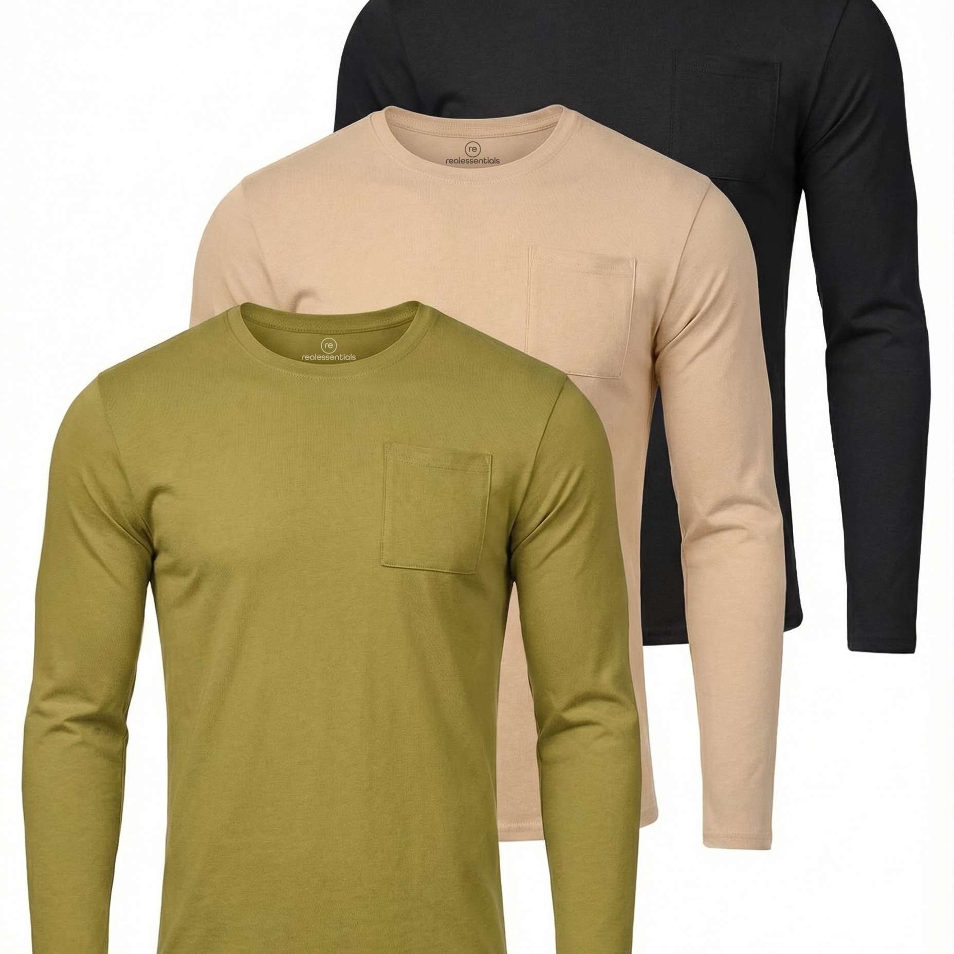 3 Pack: Mens Cotton Long Sleeve Crew Neck Pocket T-Shirt