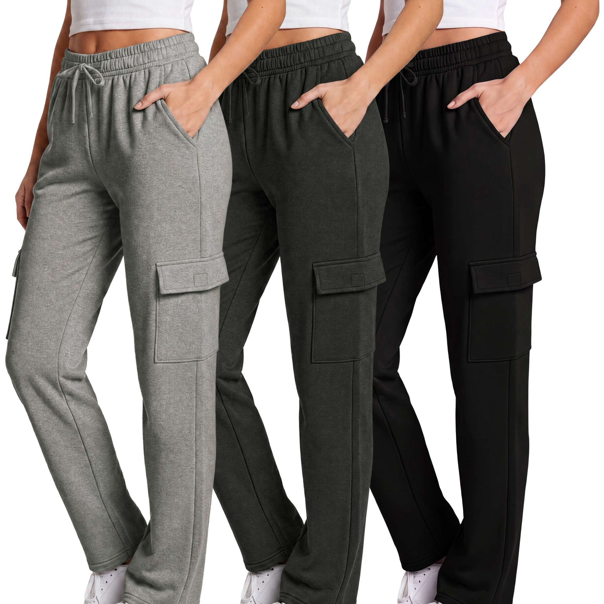 Real Essentials 3 Pack Women's Fleece Cargo Sweatpants Lounge Casual Sweat Pants Pockets - Solid Black, Charcoal Heather, Grey Heather