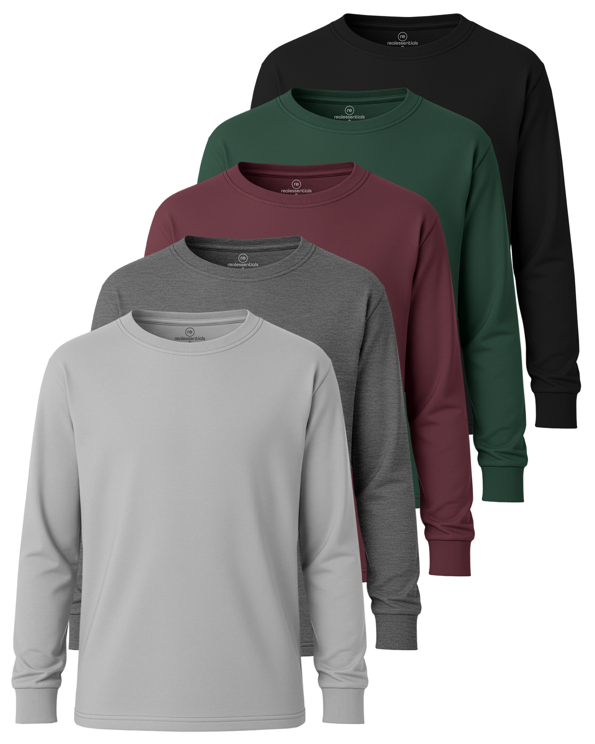 Real Essentials 5 Pack Boys' Cotton Long Sleeve Jersey T Shirts Kids School Youth Tees - Set 6
