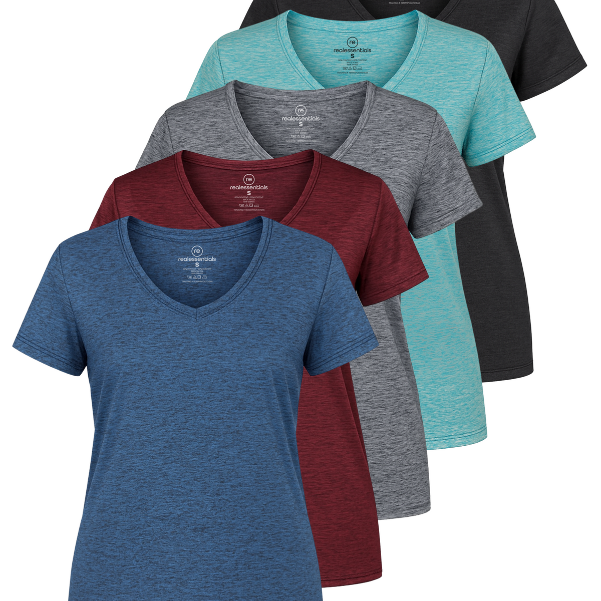 Real Essentials 5 Pack Womens Dry Fit V Neck Workout Tops Athletic T Shirts Gym Yoga Tees - Set 8