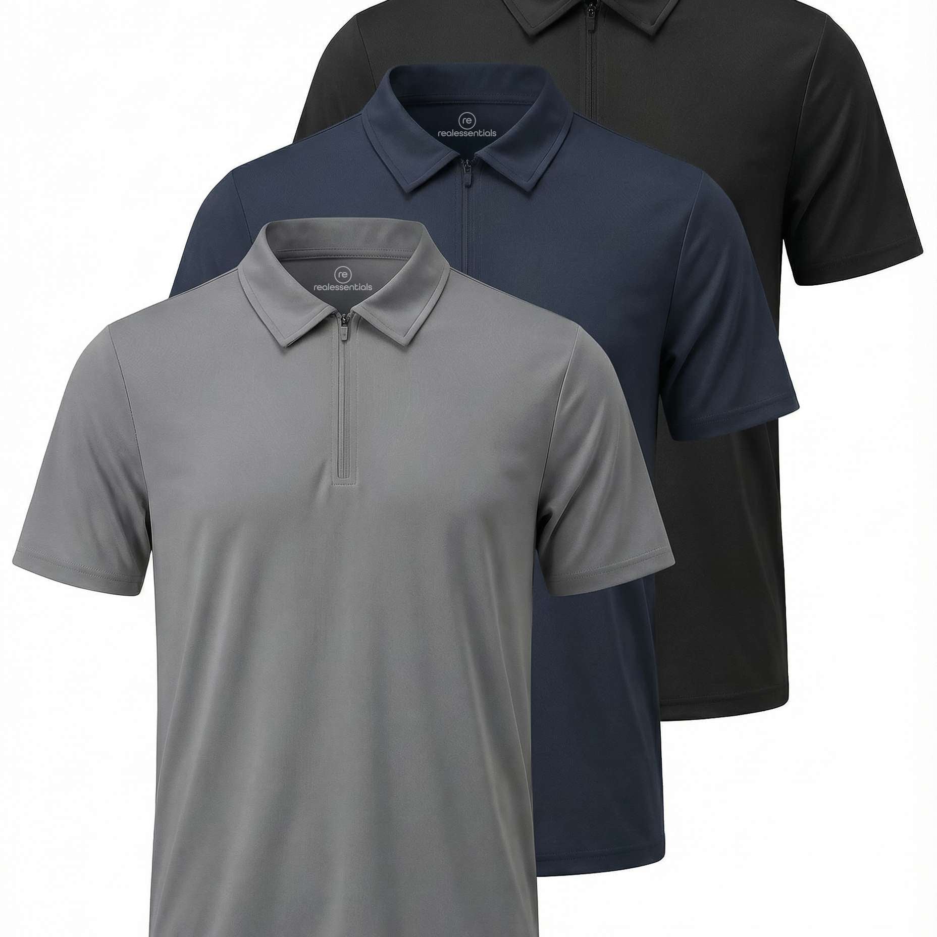 Real Essentials 3 Pack: Men's Polo Shirts Zipper Short Sleeve Dry Fit Quarter Zip Golf Athletic Workout Gym Collared