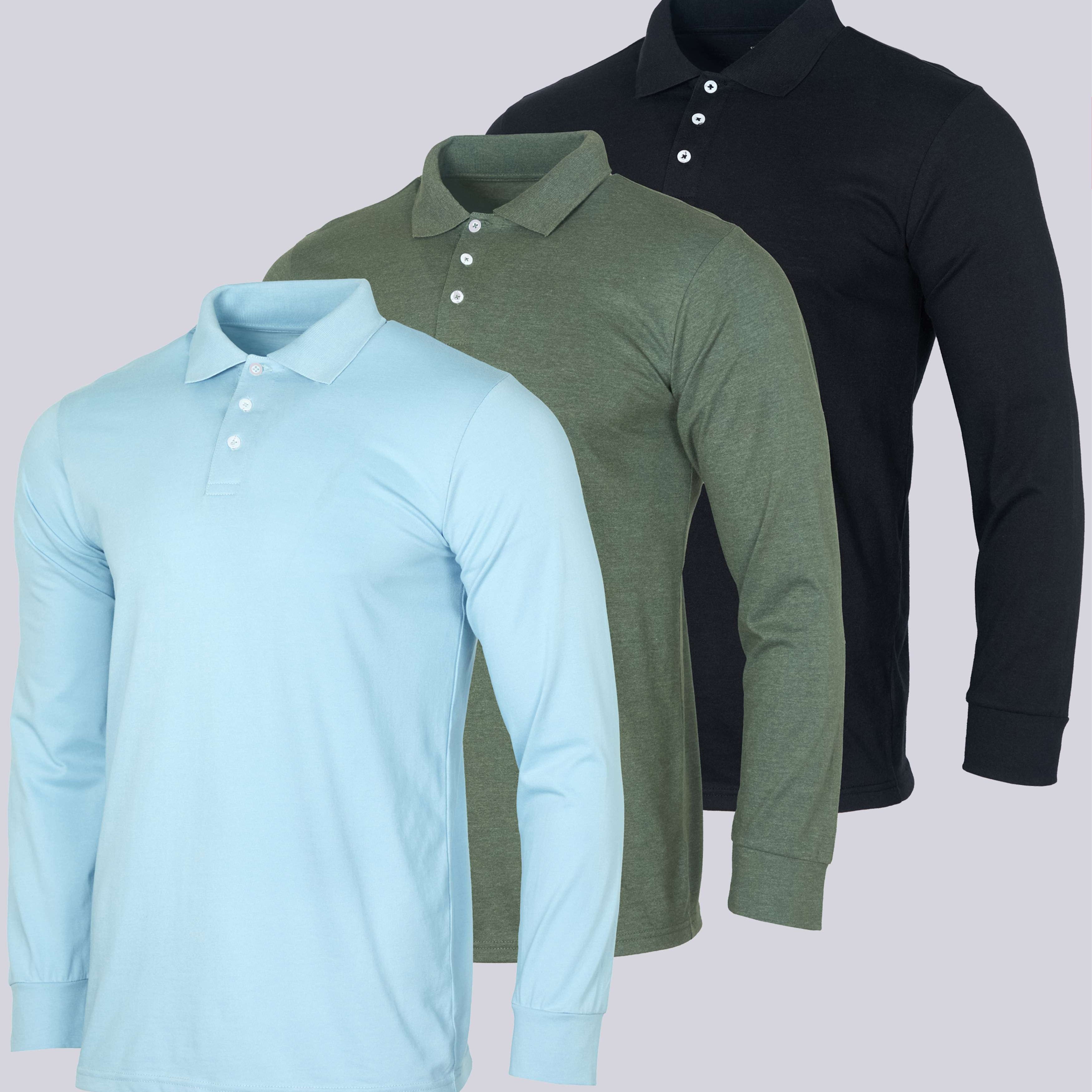 3 Pack: Men's Cotton Jersey Long-Sleeve Polo Shirt (Available in Big & Tall)