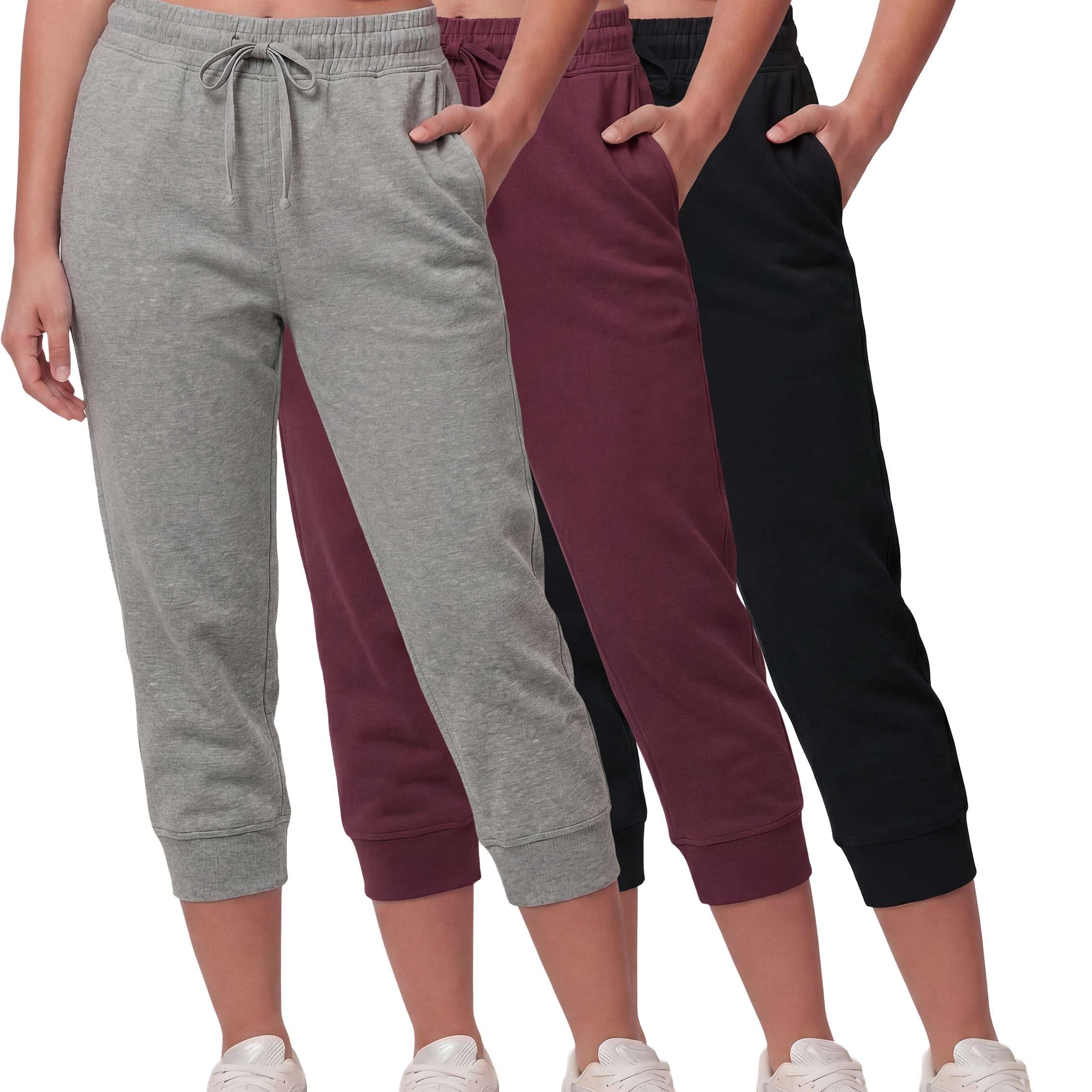 Real Essentials 3 Pack: Women’s Fleece Capri Joggers Athletic Lounge Gym Running Sweatpants with Pockets