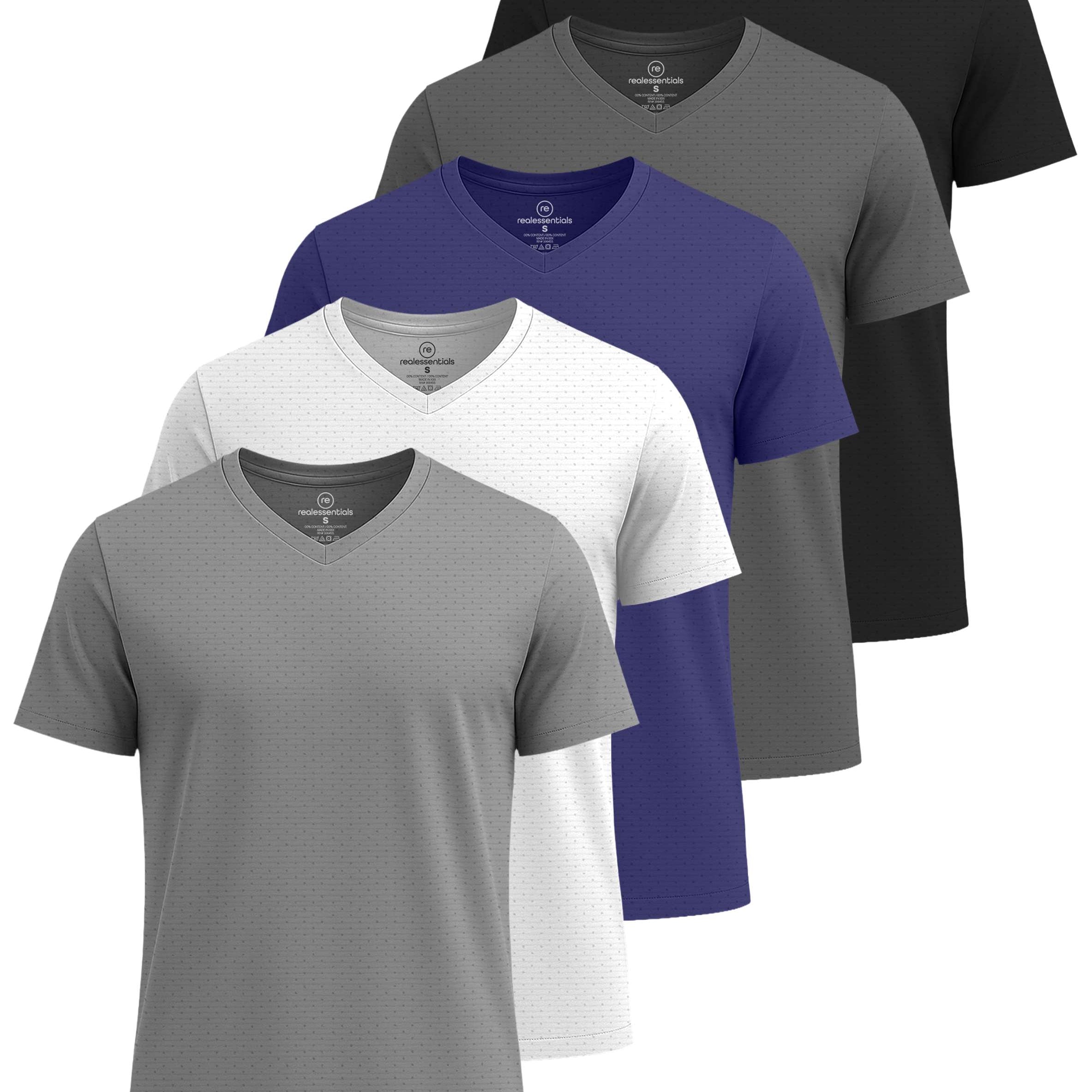 Real Essentials 5 Pack: Men's Breeze Tech V-Neck Dry Fit T-Shirts Moisture Wicking Athletic Workout & Gym Shirts (Big &Tall)