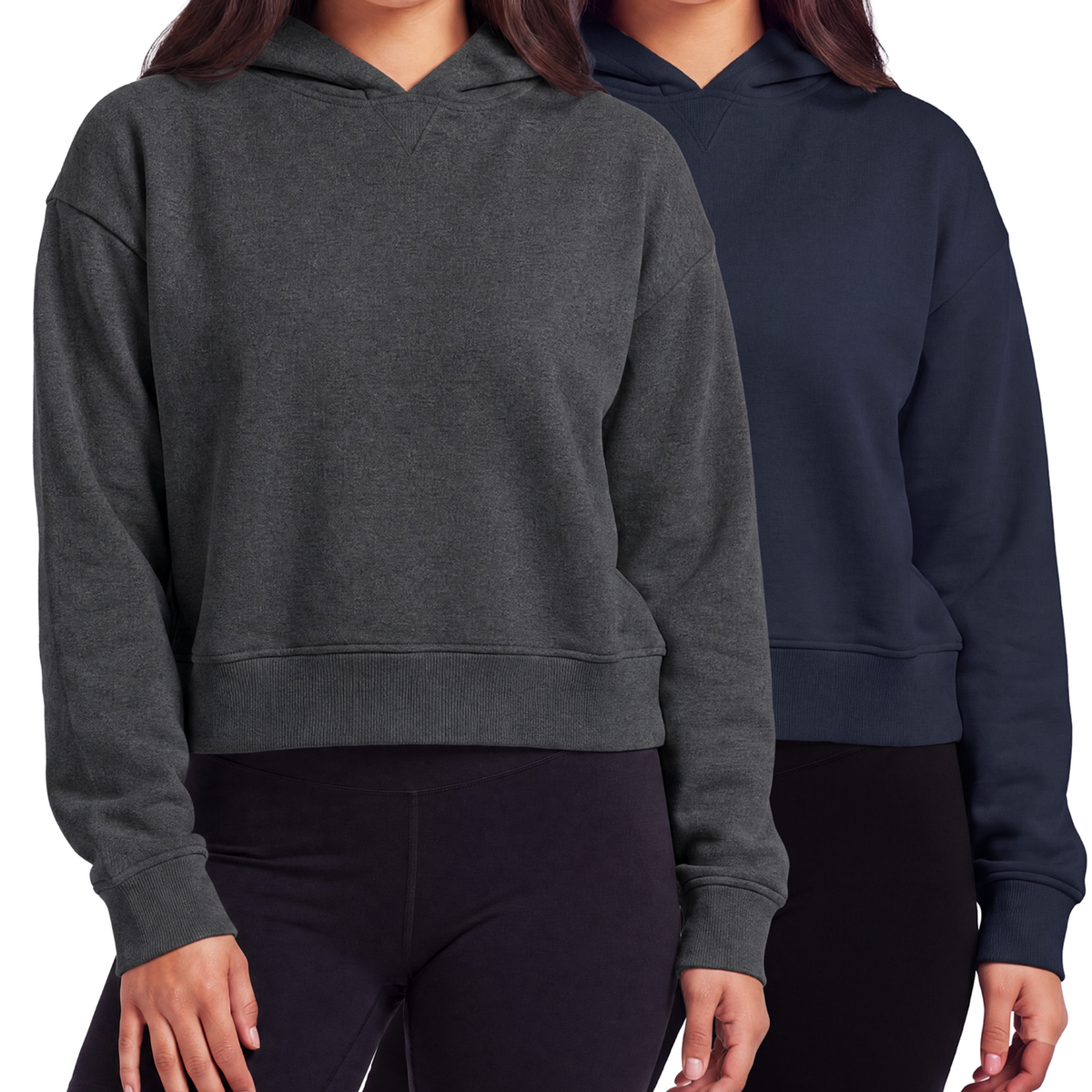 Real Essentials 2 Pack Women's Cropped Hoodies Crop Sweatshirt Ladies Fleece Pullover Top - Solid Navy Blazer, Charcoal Heather