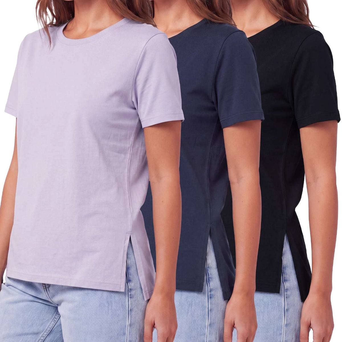 Real Essentials 3 Pack Women's Cotton Tshirts Split Hem Short Sleeve Crew Neck Tees Tops - Solid Black, Solid Navy Blazer, Solid Orchid Petal