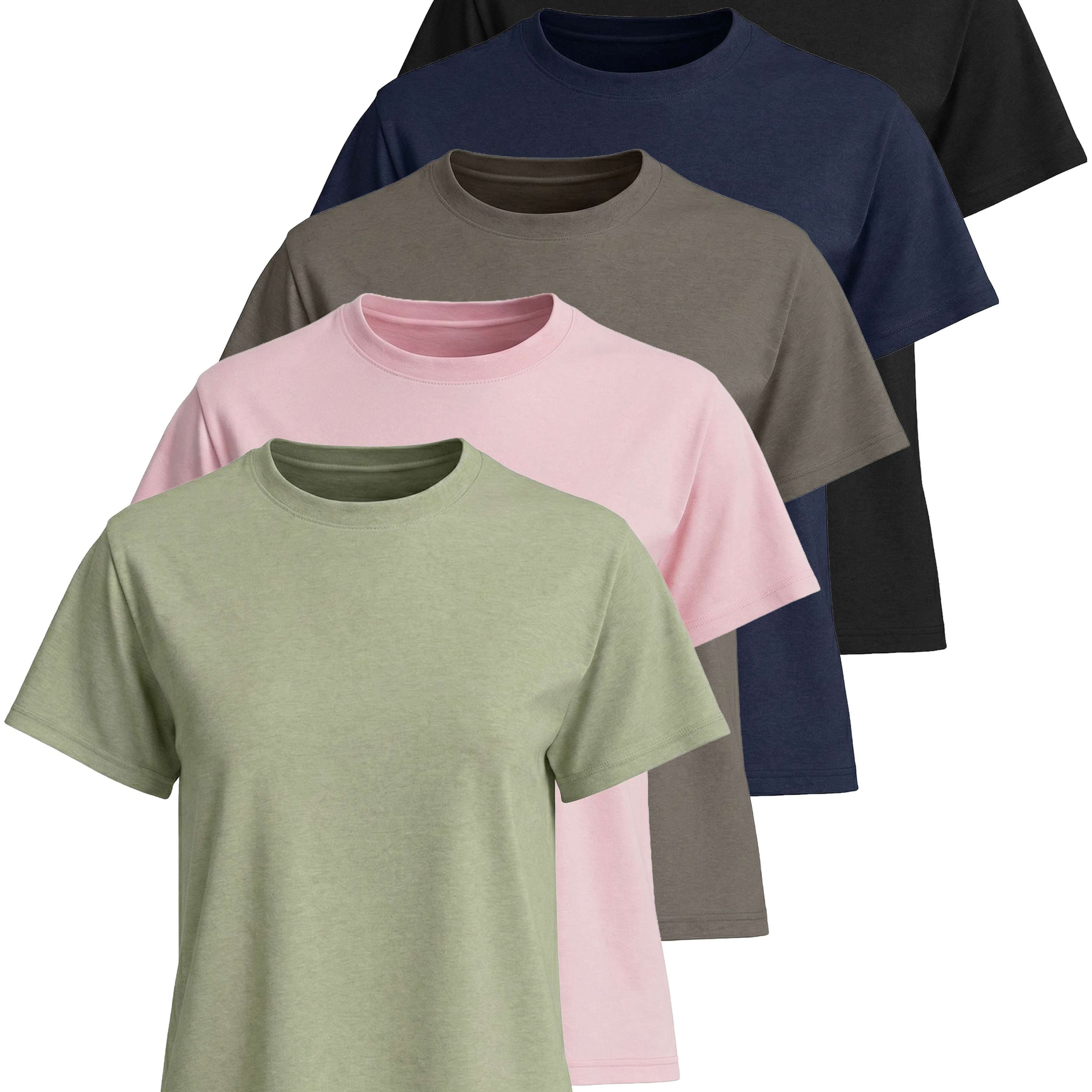 Real Essentials 5 Pack: Women’s 100% Cotton Relaxed Fit Short Sleeve T-Shirts Fashion Trendy Tees (Available in Plus Size)