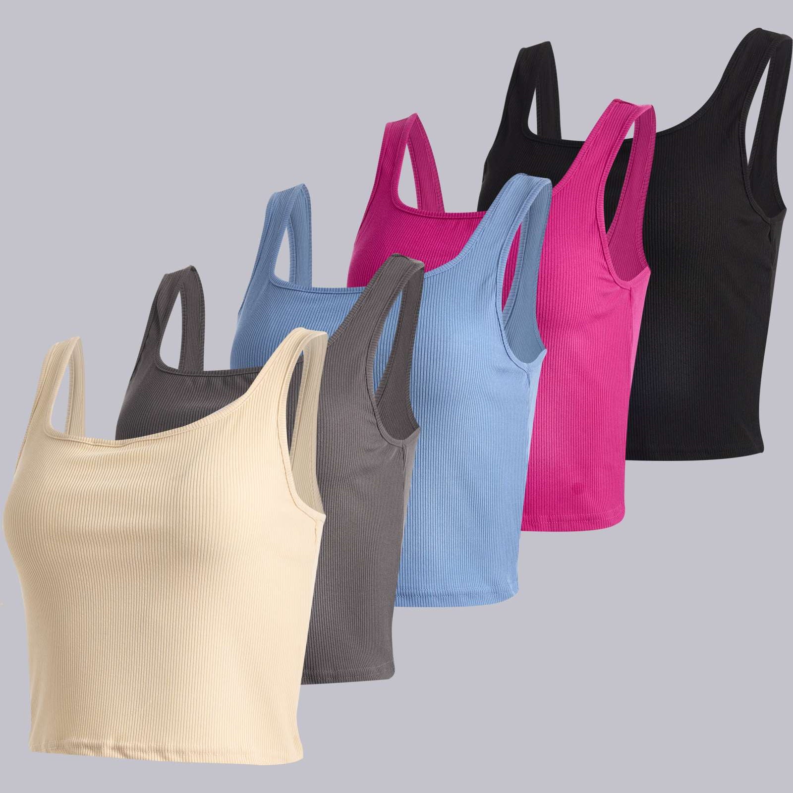 Real Essentials 5 Pack: Women's Soft Knit Ribbed Square Neck Cropped Tank Top - Sleeveless Crop Tops