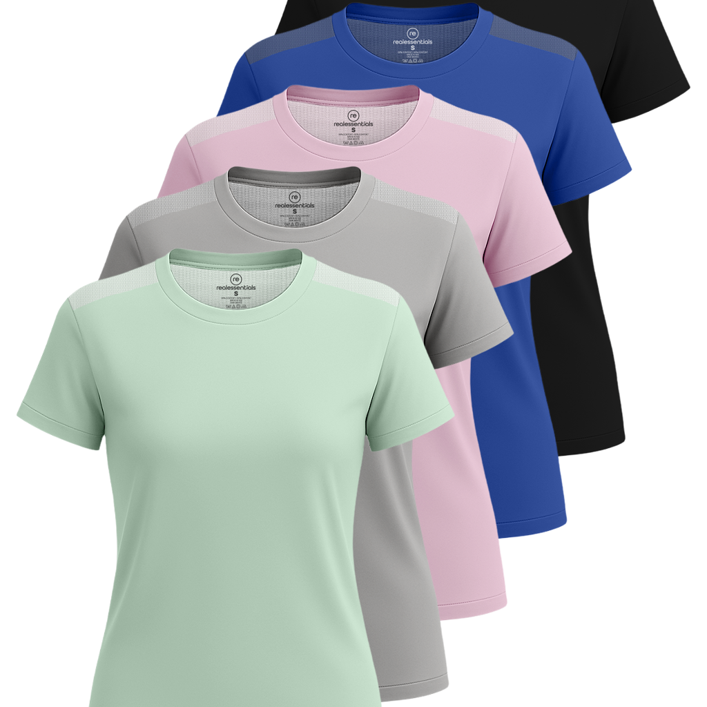 Real Essentials 5 Pack: Women's Short Sleeve Mesh Insert T-Shirts Athletic Tops Gym Workout Yoga Tennis Activewear (Plus)