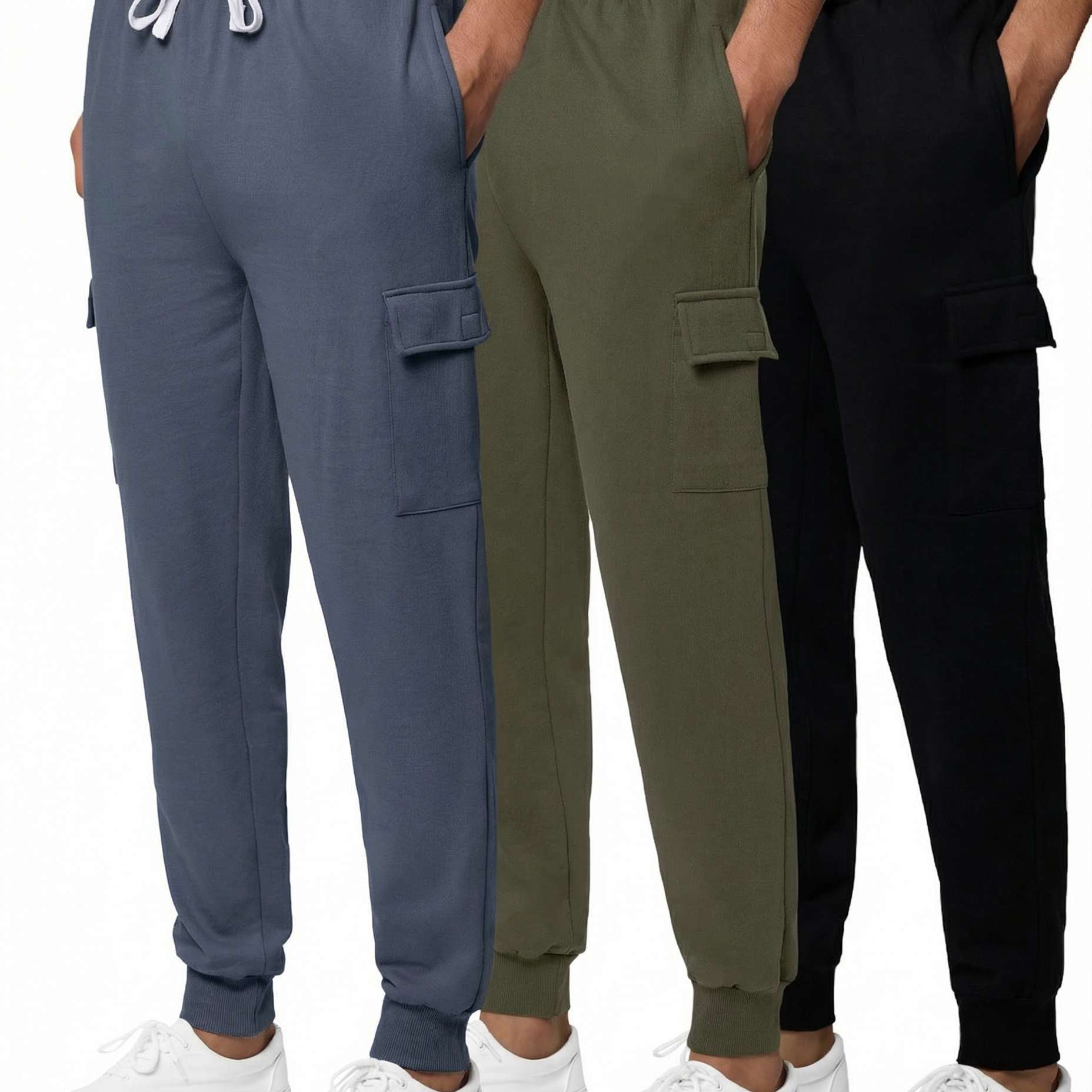 Real Essentials 3 Pack: Men's Cotton Fleece Cargo Jogger Sweatpants with Pockets