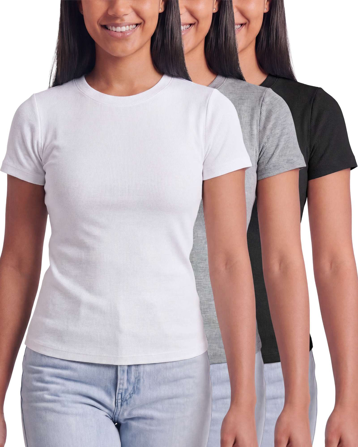 Real Essentials 3 Pack Women's Cotton Ribbed Tshirts Short Sleeve Crew Neck Tees Basic Tops - Solid Black, Grey Heather, Solid Bright White