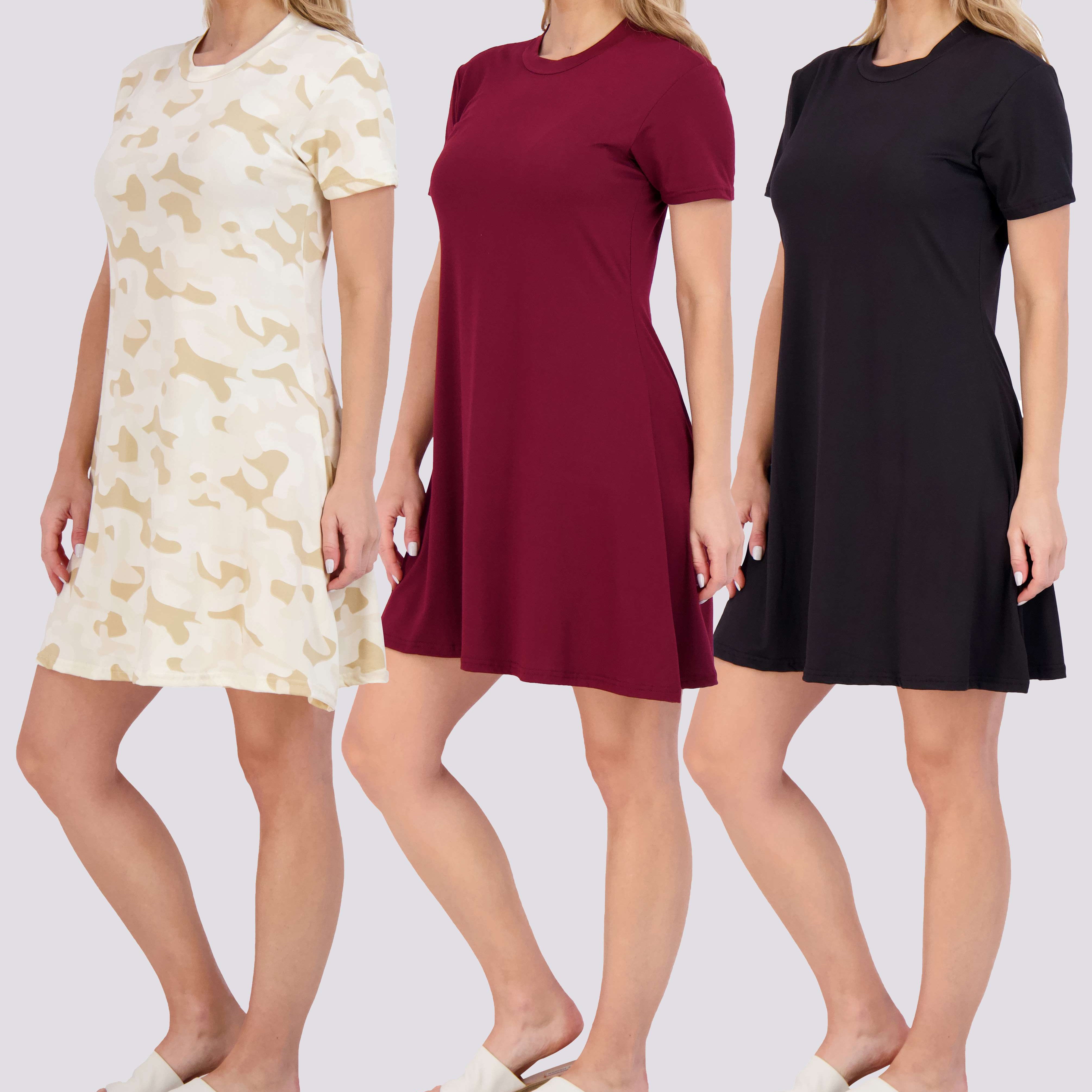 3 Pack: Women's Soft Lounge Swing Casual T-Shirt Dress (Available in Plus Size)
