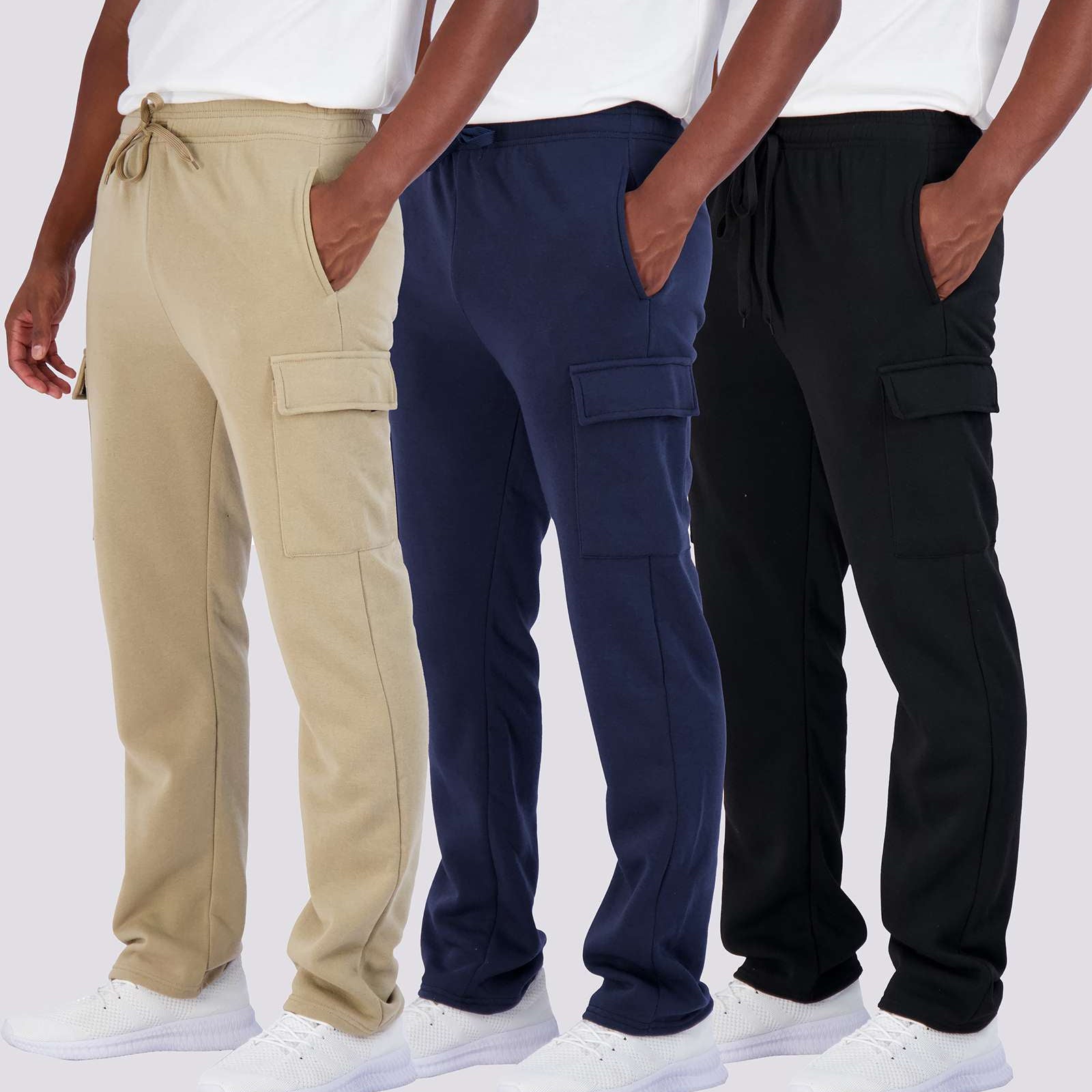3 Pack: Mens Fleece Cargo Open Bottom Sweatpants