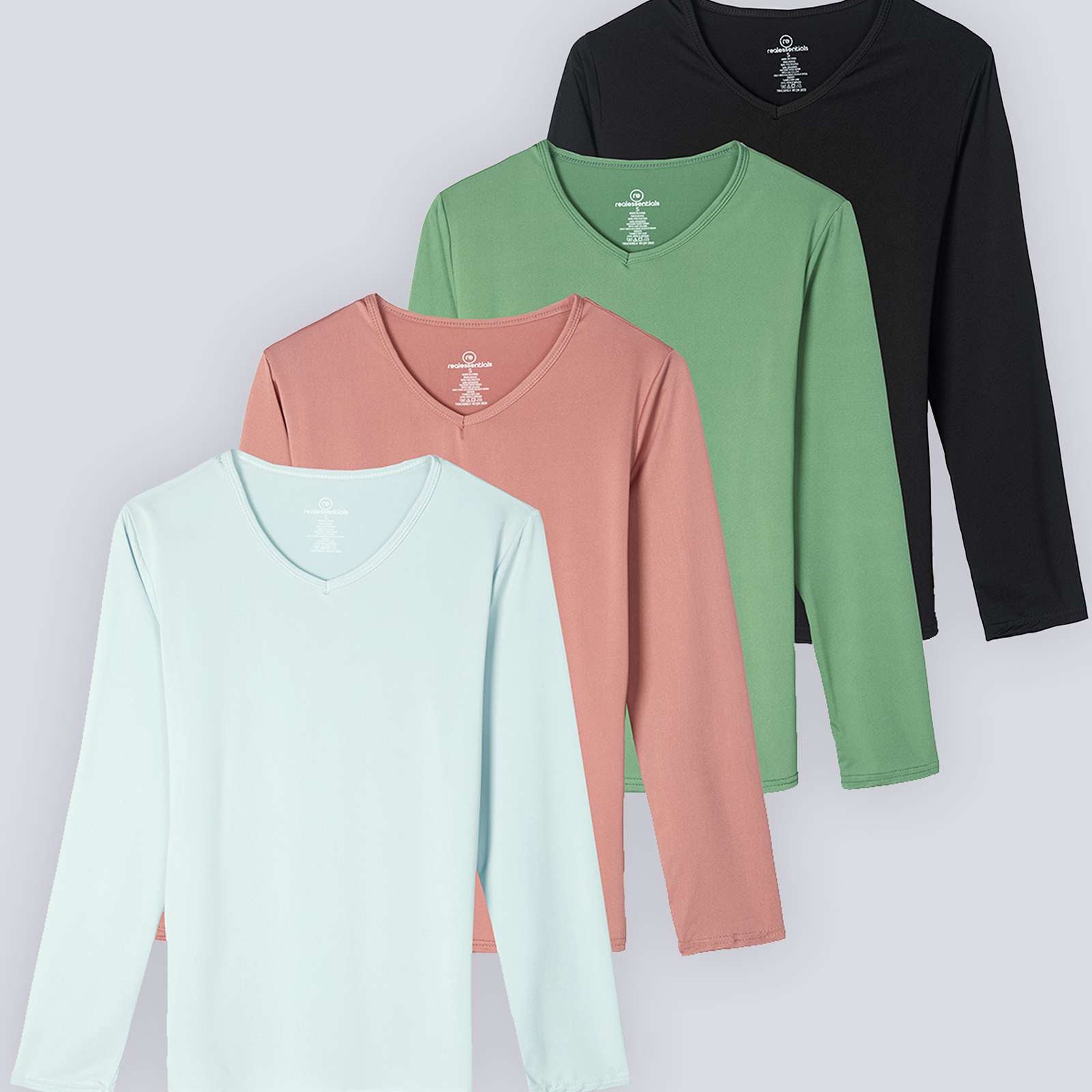 4 Pack: Women's Dry-Fit Long-Sleeve V-Neck Athletic Workout Shirt (Available in Plus Size)