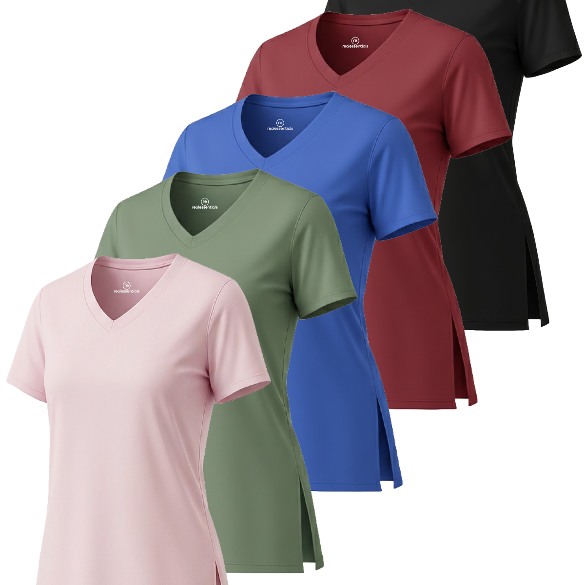 Real Essentials 5 Pack: Women's Short Sleeve Split Hem V-Neck T-Shirts, Athletic Tops, Gym, Workout, Yoga, Activewear (Plus)