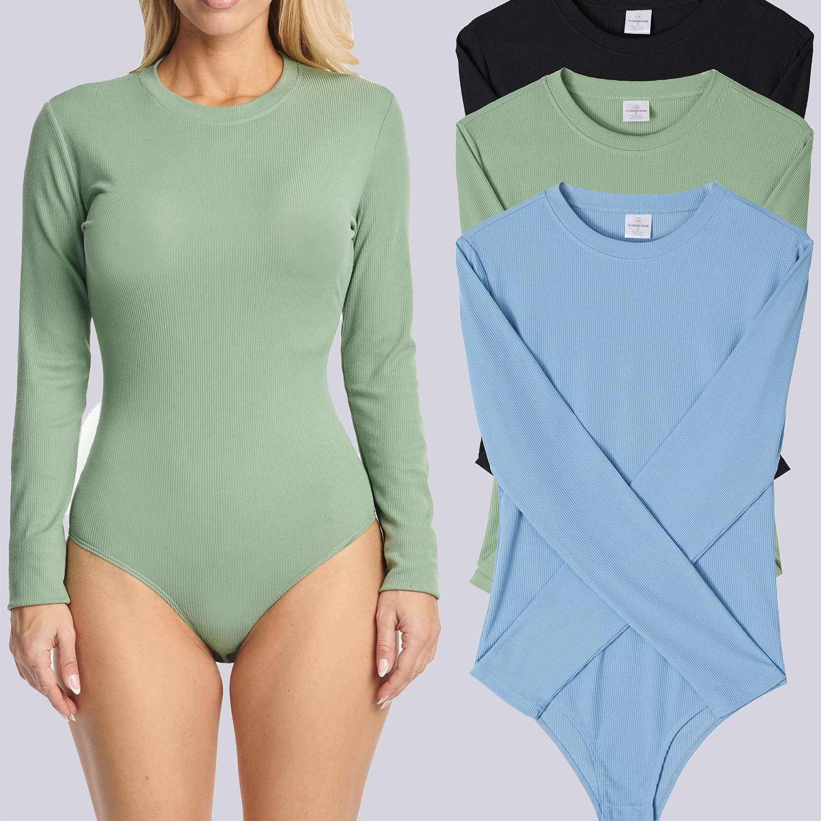 3 Pack: Women's Long Sleeve Ribbed Bodysuit