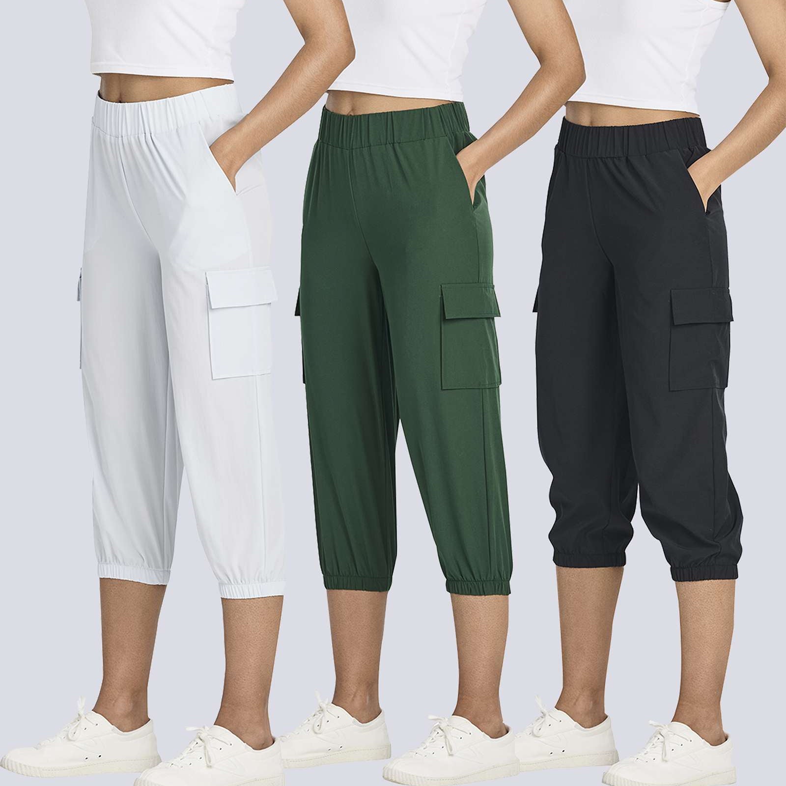 3 Pack: Women's Woven Cargo Capri Jogger Pants