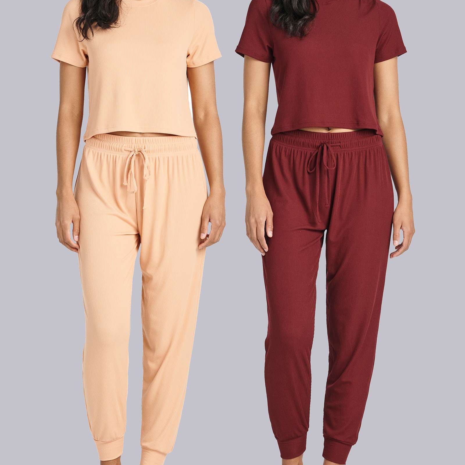 2 Pack: Women's Ribbed Knit Cropped Top with Jogger Sweatpants