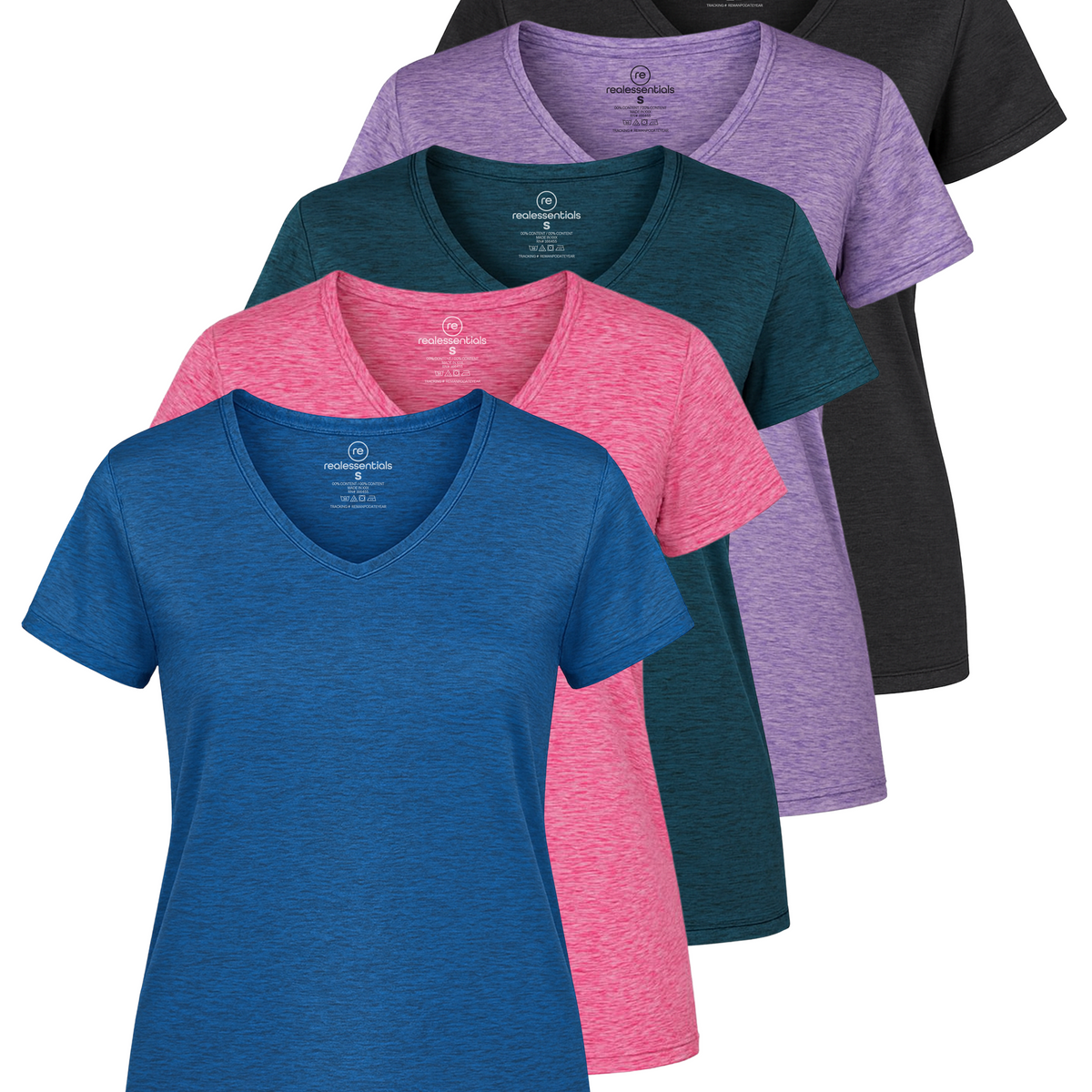 Real Essentials 5 Pack Womens Dry Fit V Neck Workout Tops Athletic T Shirts Gym Yoga Tees - Set 7