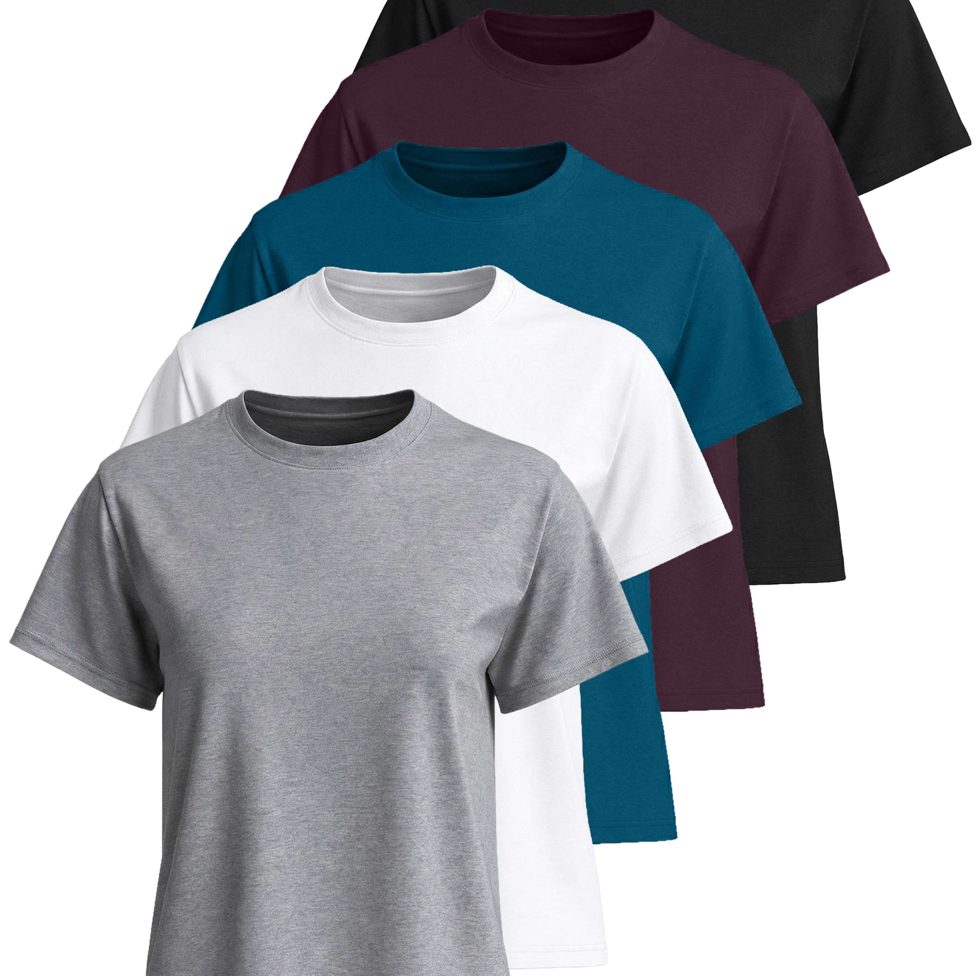 Real Essentials 5 Pack: Women’s 100% Cotton Relaxed Fit Short Sleeve T-Shirts Fashion Trendy Tees (Available in Plus Size)
