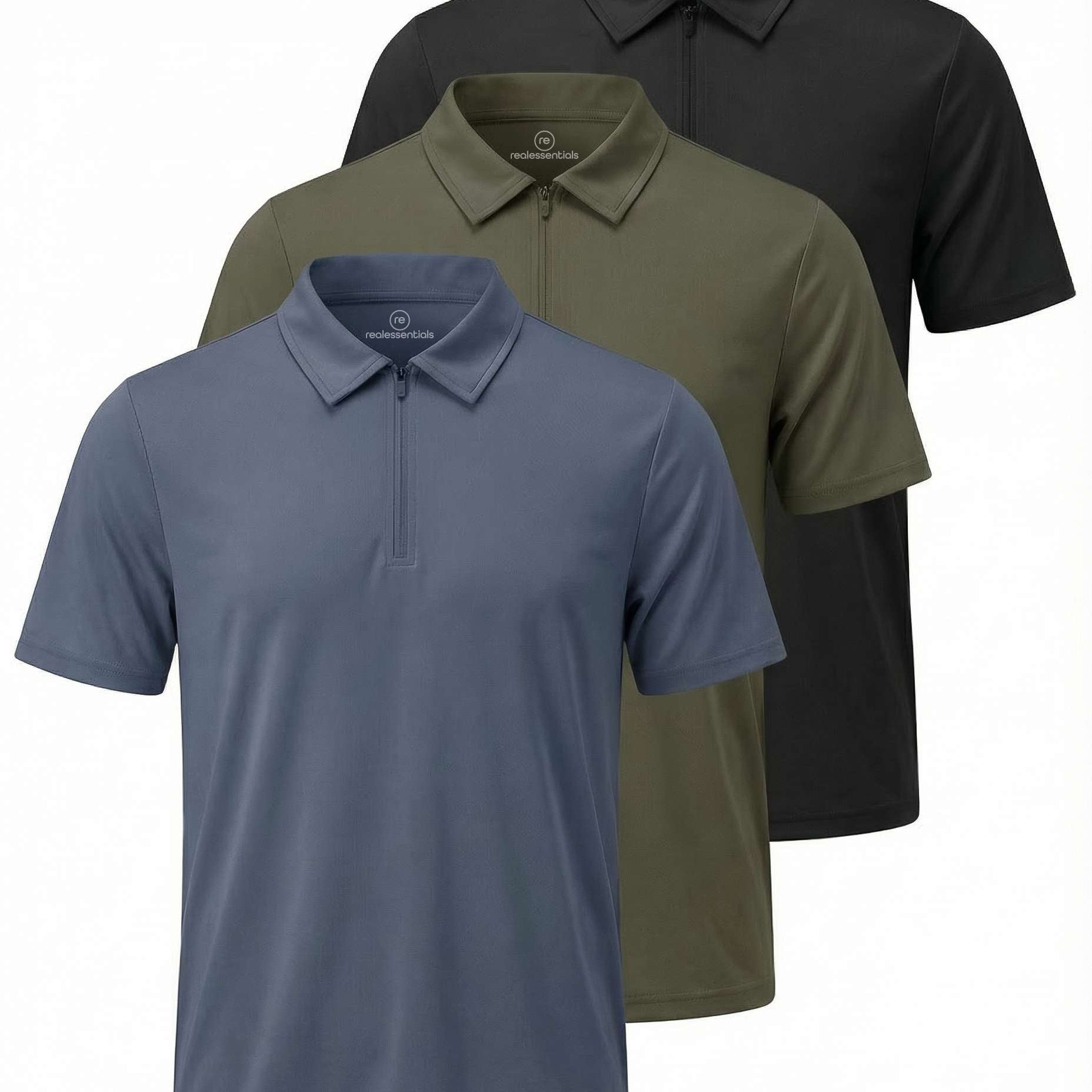 Real Essentials 3 Pack: Men's Polo Shirts Zipper Short Sleeve Dry Fit Quarter Zip Golf Athletic Workout Gym Collared