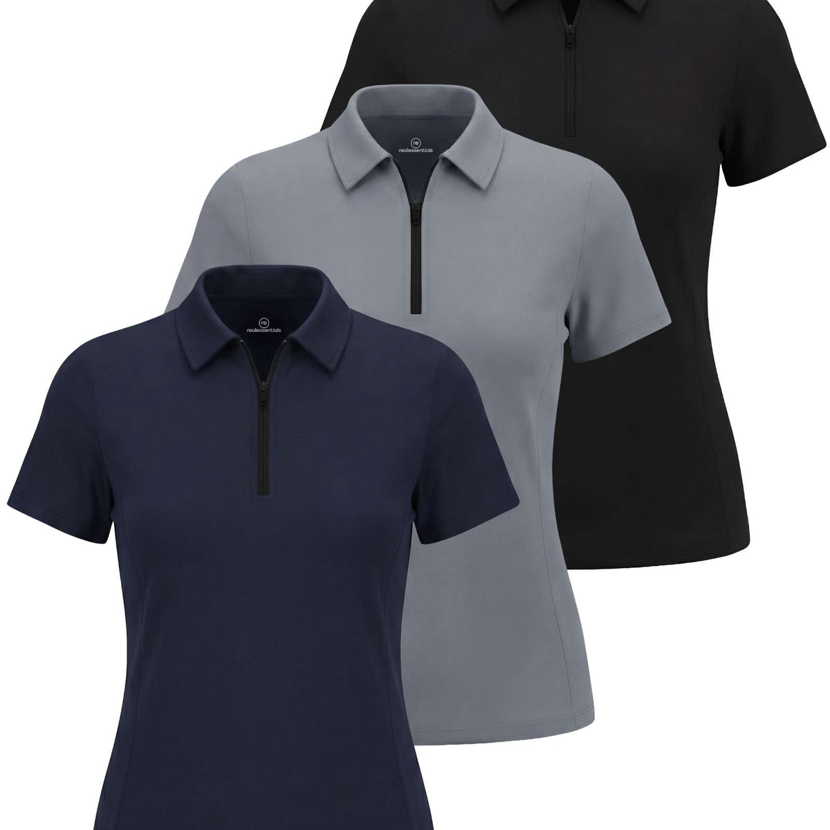 Real Essentials 3 Pack Women's Dry Fit Golf Polo Shirts with Zipper Short Sleeve Collared - Solid Black, Solid Navy Blazer, Solid Quiet Shade