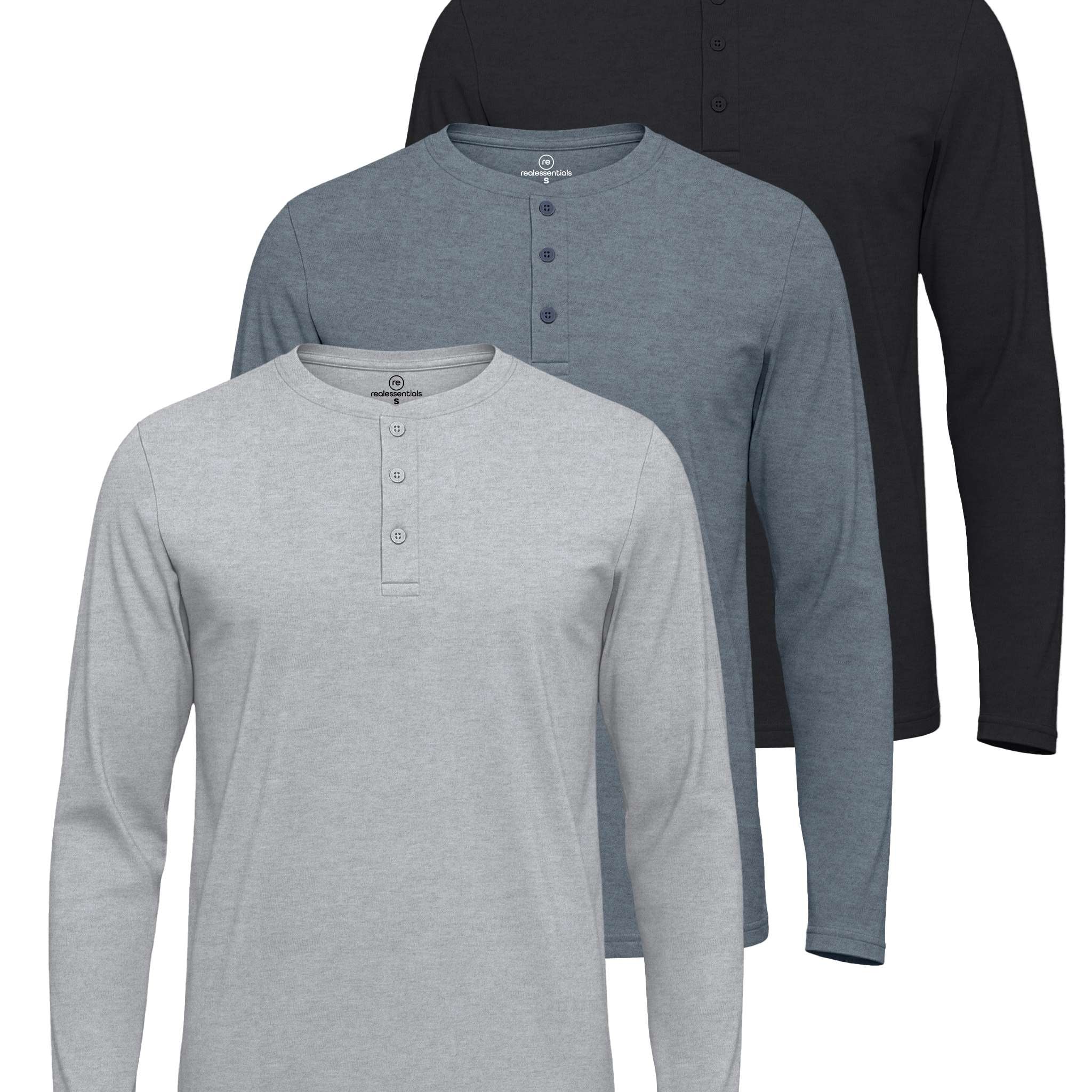 3 Pack: Mens Long Sleeve Cotton Henley T-Shirt
