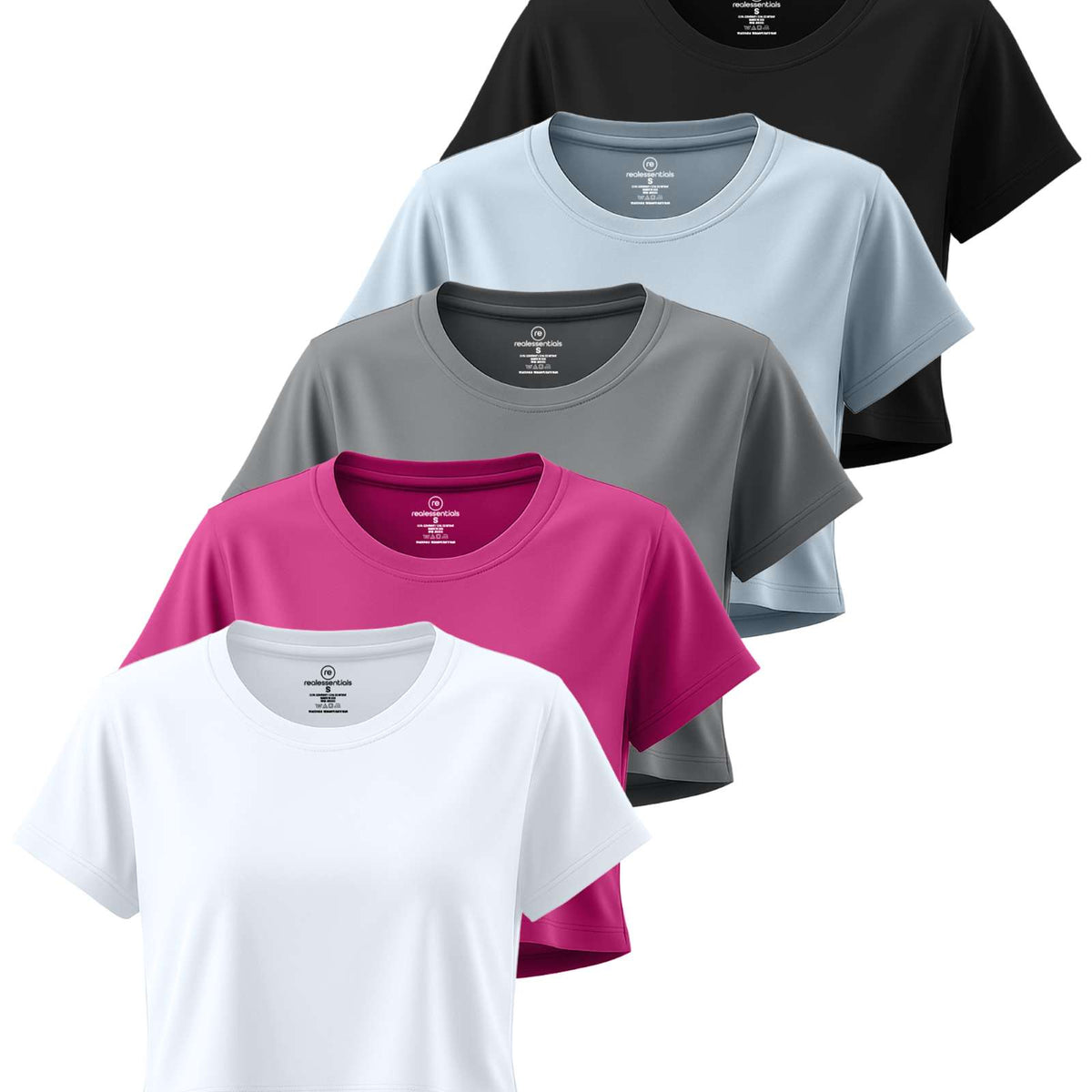 Real Essentials 5 Pack Women's Dry Fit Crop Top Workout T Shirts Short Sleeve Athletic Gym - Set 2