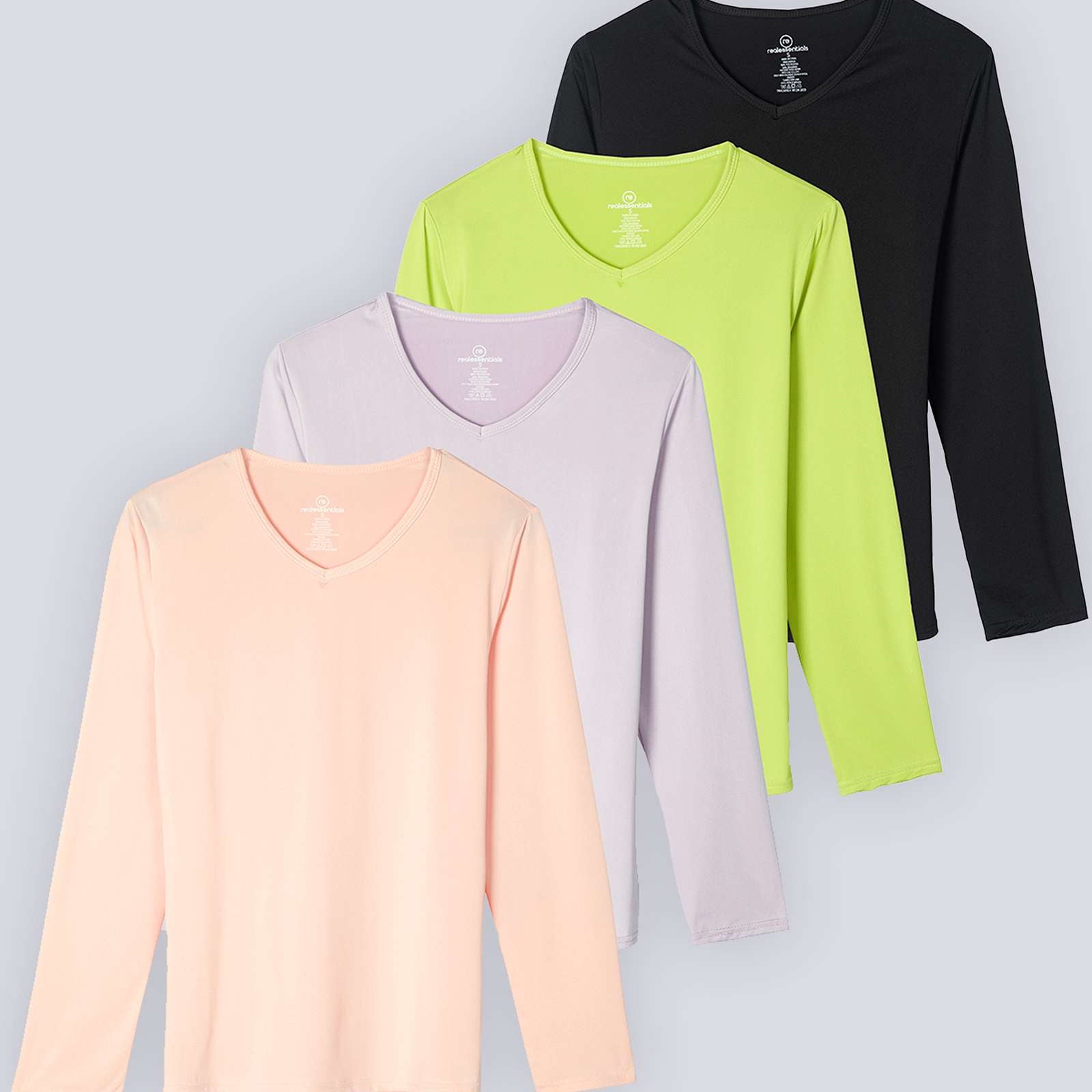 4 Pack: Women's Dry-Fit Long-Sleeve V-Neck Athletic Workout Shirt (Available in Plus Size)
