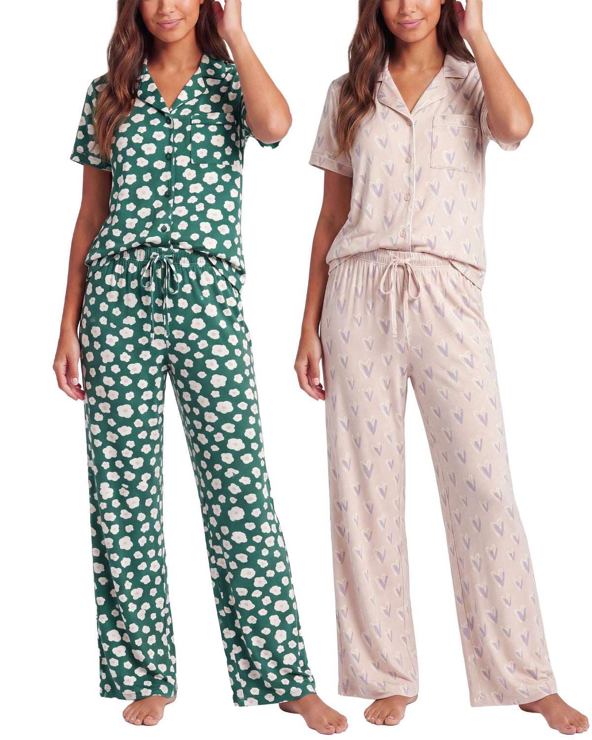 Real Essentials 2 Pack Women's Pajama Sets Lounge Set 2 Piece Button Up PJ Sleepwear Ladies - Mistletoe Flowers, Carinaria Hearts