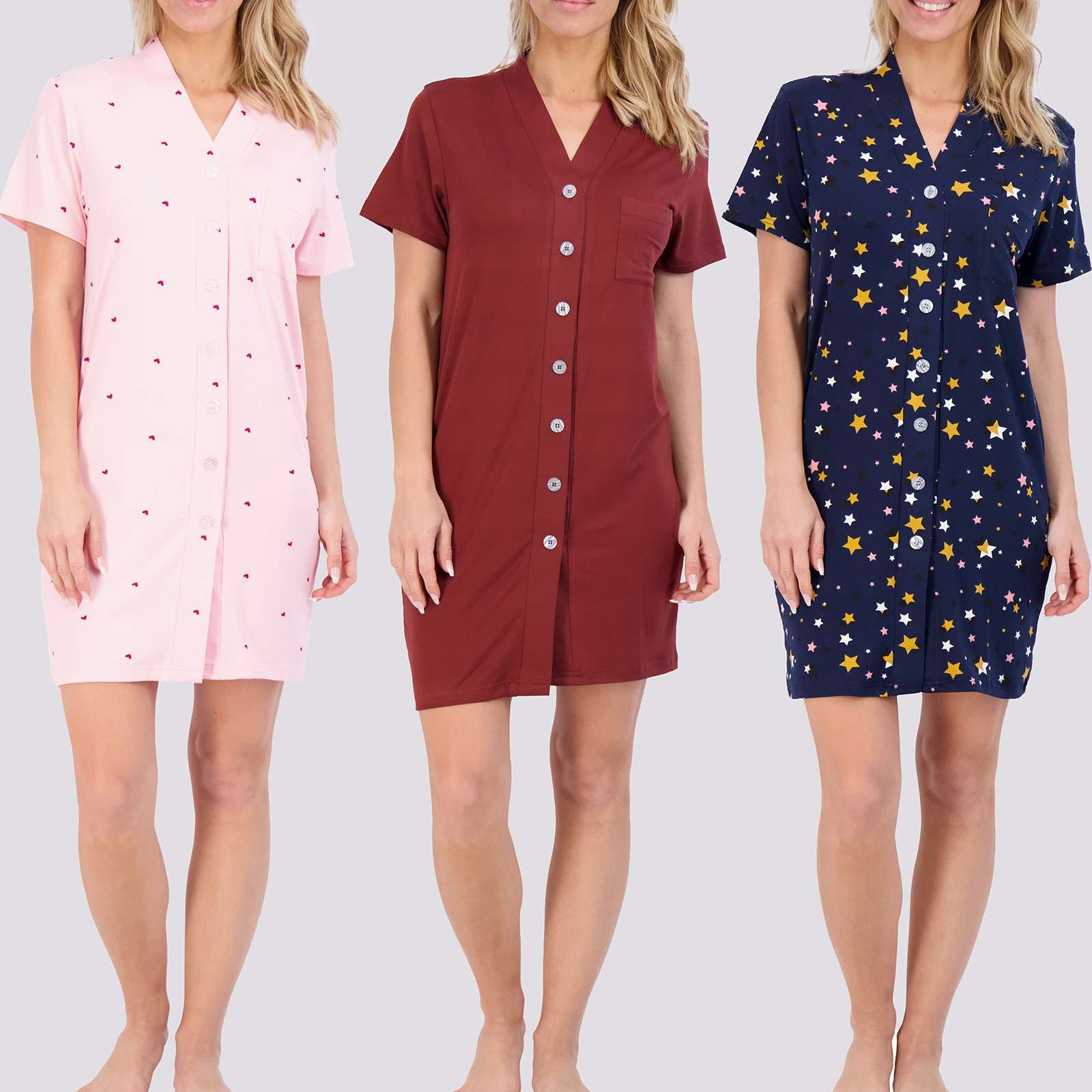3 Pack: Women's Short Sleeve Button-Down Nightshirt