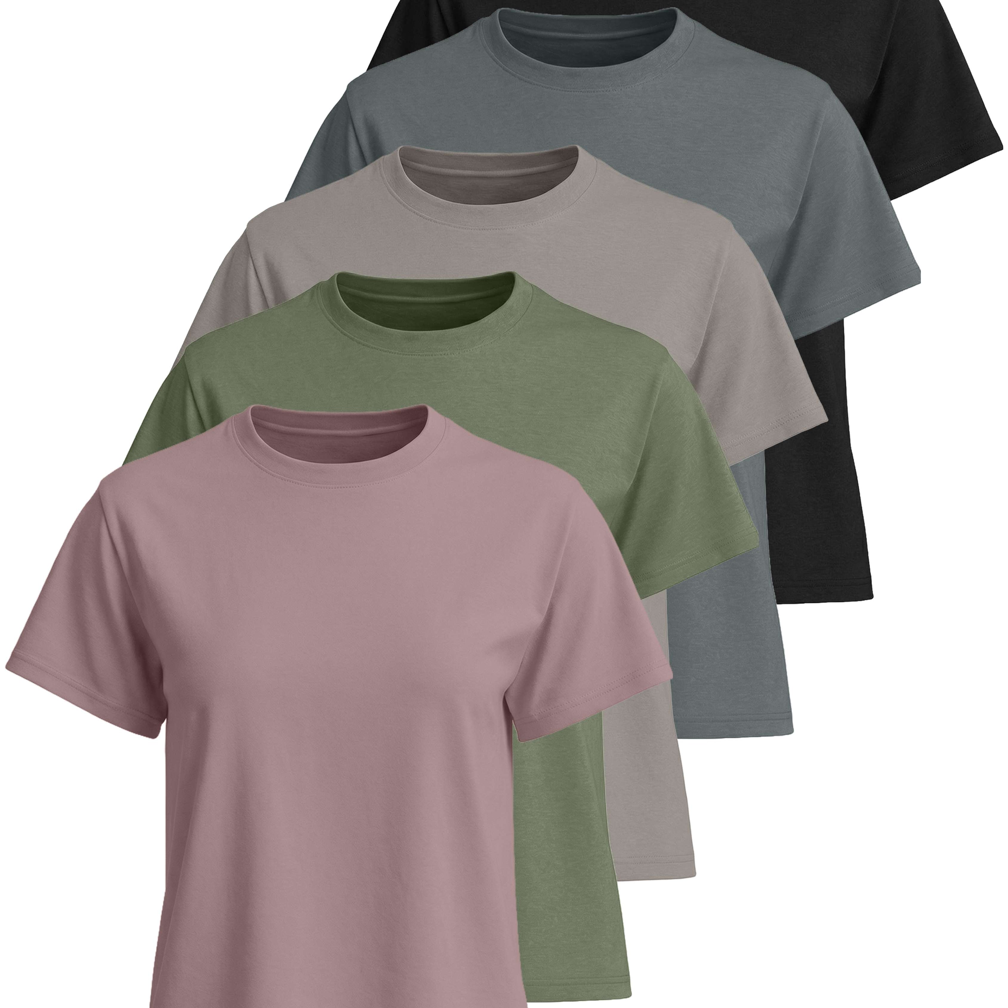 Real Essentials 5 Pack: Women’s 100% Cotton Relaxed Fit Short Sleeve T-Shirts Fashion Trendy Tees (Available in Plus Size)