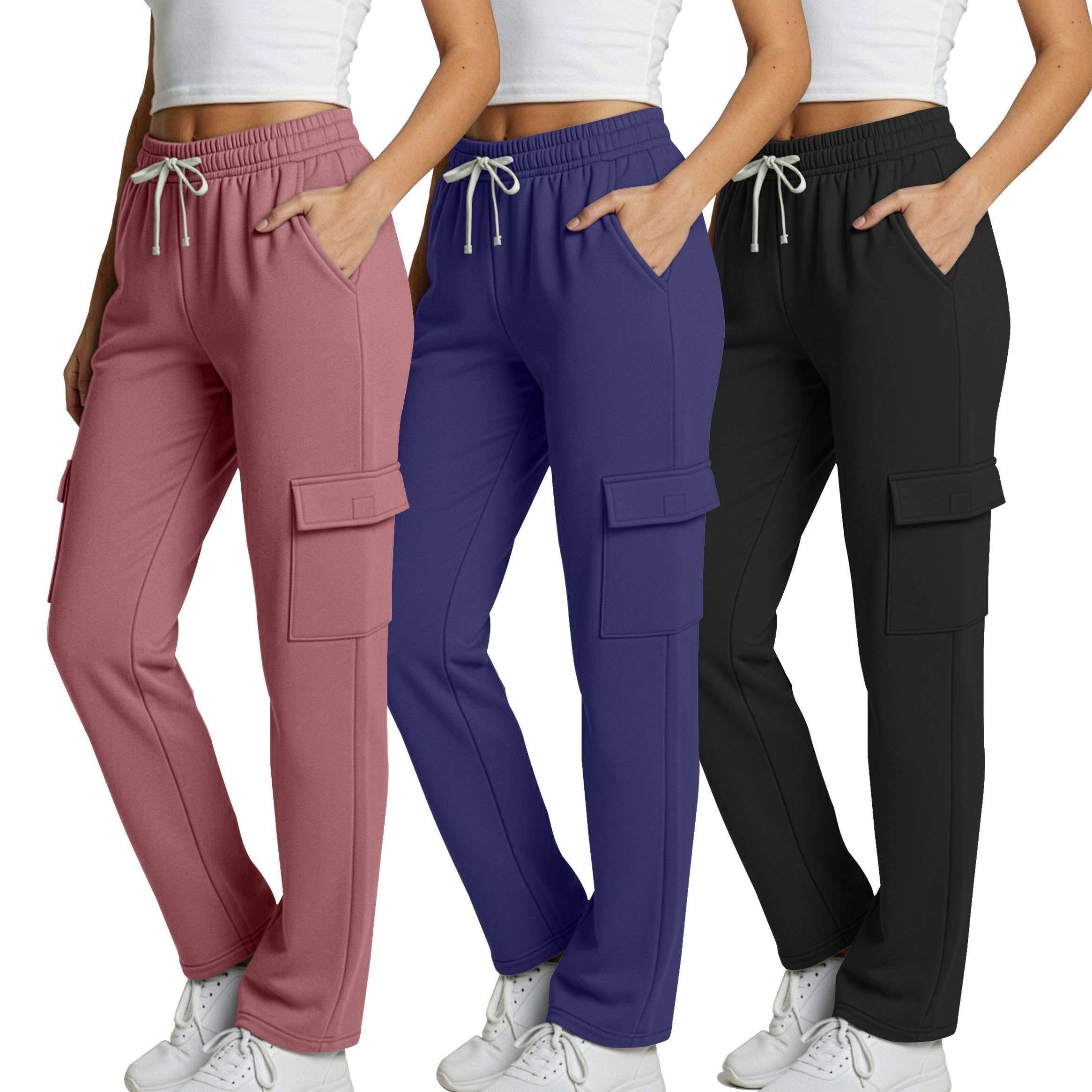 Real Essentials 3 Pack: Women's Fleece Cargo Sweatpants, Open Bottom Lounge & Athletic Casual Pants with Pockets