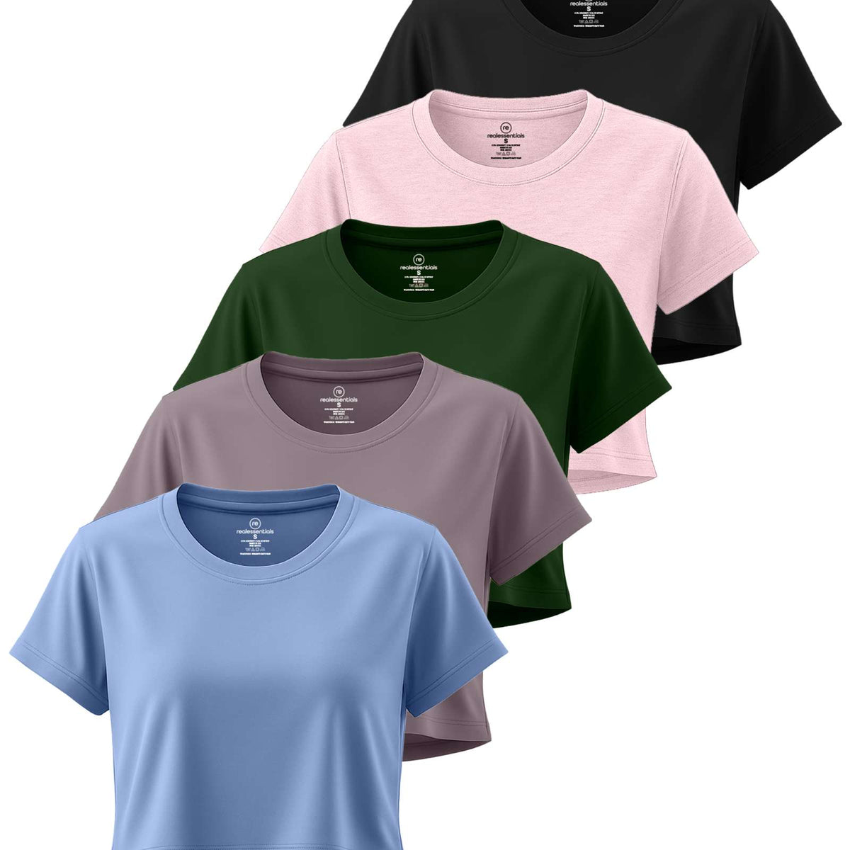 Real Essentials 5 Pack Women's Dry Fit Crop Top Workout T Shirts Short Sleeve Athletic Gym - Set 10