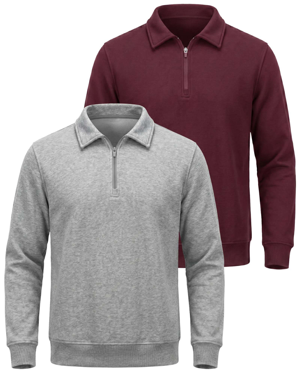 Real Essentials 2 Pack Mens Fleece Quarter Zip Sweatshirt Sweater Collared Long Sleeve Top - Solid Burgundy, Grey Heather
