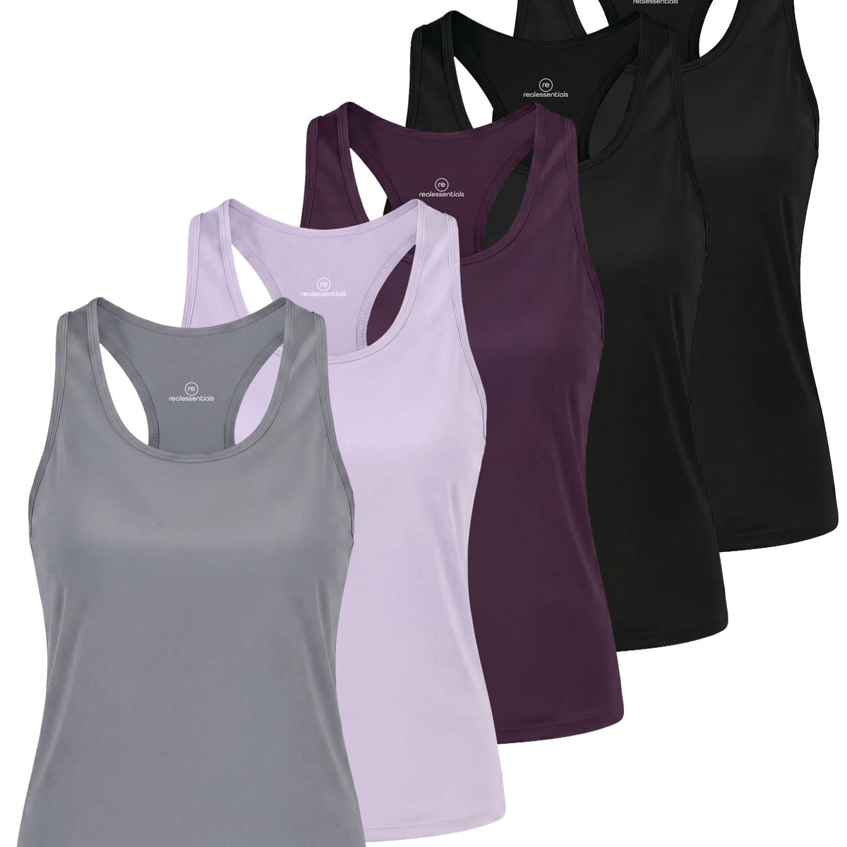Real Essentials 5 Pack Women's Racerback Crop Tank Tops Dry Fit Workout Athletic Gym Yoga - Solid Black, Solid Black, Solid Plum Perfect, Solid Orchid Petal, Solid Ultimate Grey