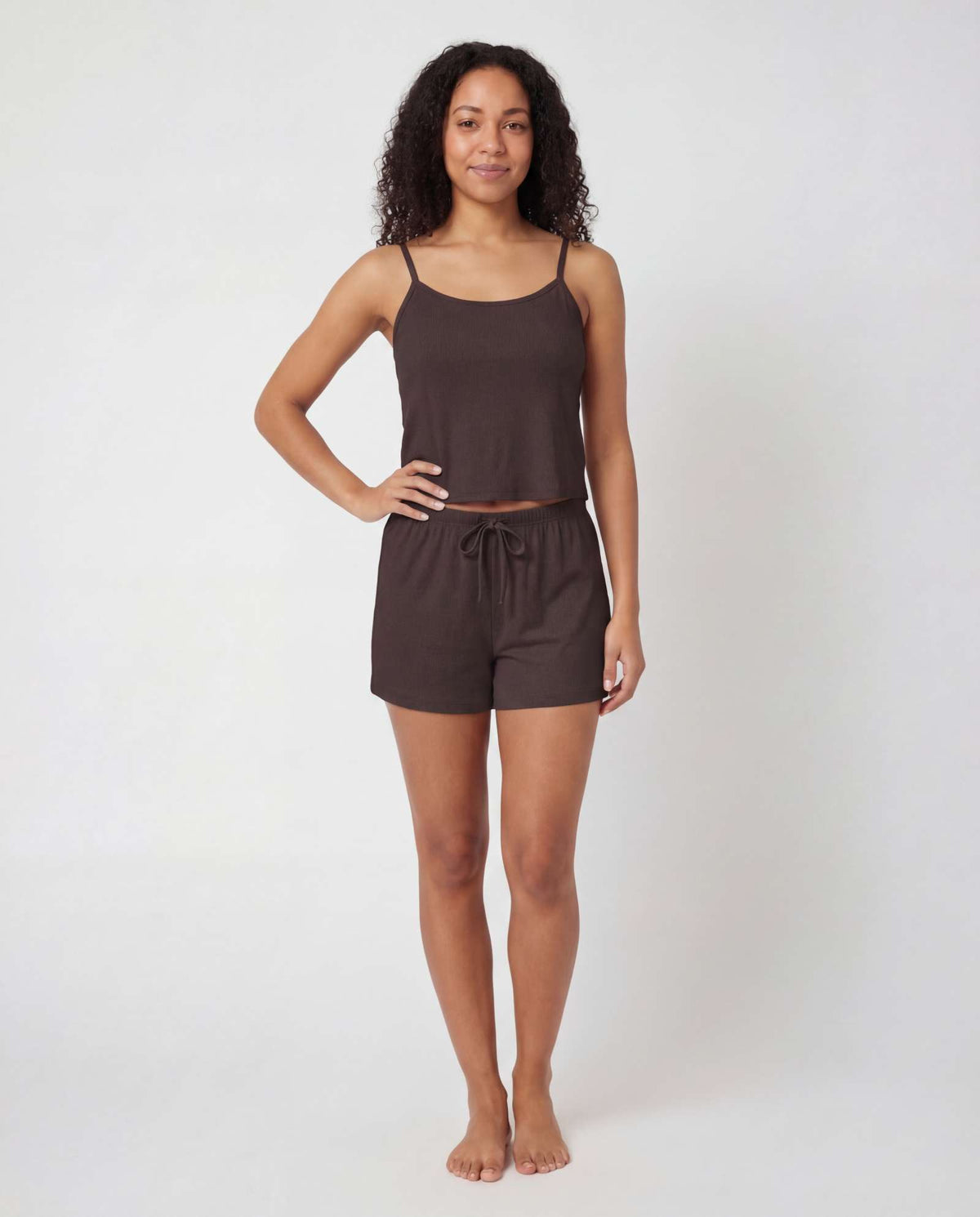 Real Essentials 2 Pack Women's Pajama Sets 2 Piece Ribbed Cropped Cami Shorts Sleepwear PJs - Solid Chocolate Torte, Solid Moonbeam
