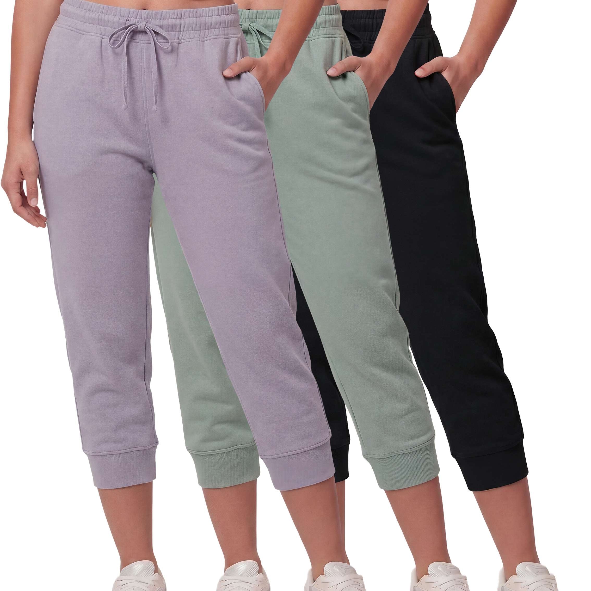 Real Essentials 3 Pack: Women’s Fleece Capri Joggers Athletic Lounge Gym Running Sweatpants with Pockets