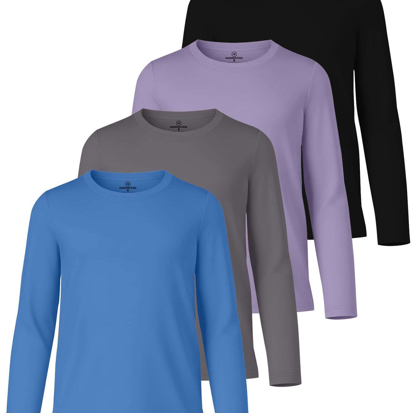 4 Pack: Girls Dry-Fit Long Sleeve Active Crew Neck T-Shirt